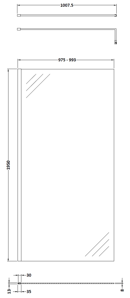 Hudson Reed 1000mm Wetroom Screen With Black Support Bar WRSBP10 - Image 2