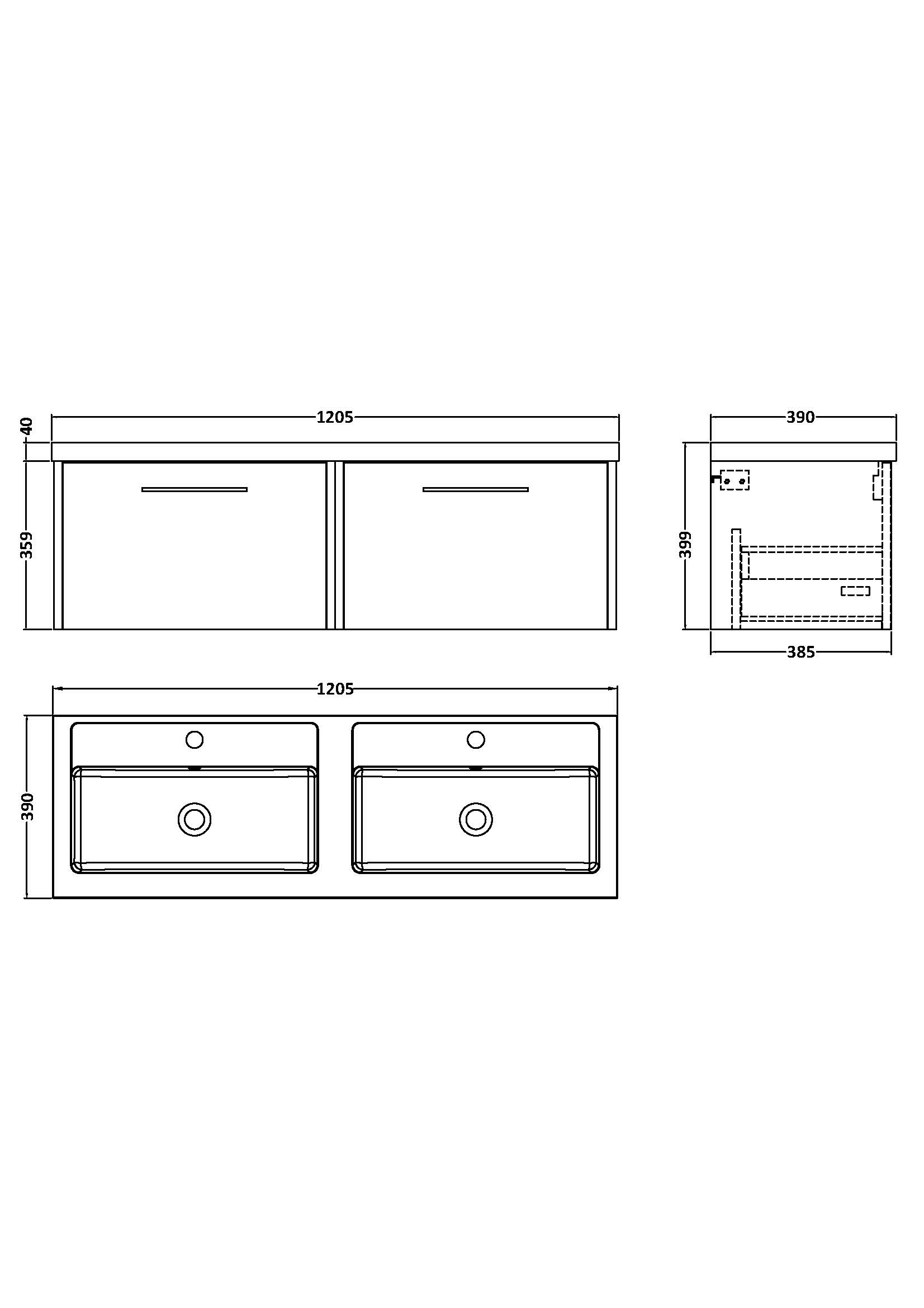 Hudson Reed 1200mm Wall Hung 2 Drawer Vanity & Double Basin JNU2222C - Image 3