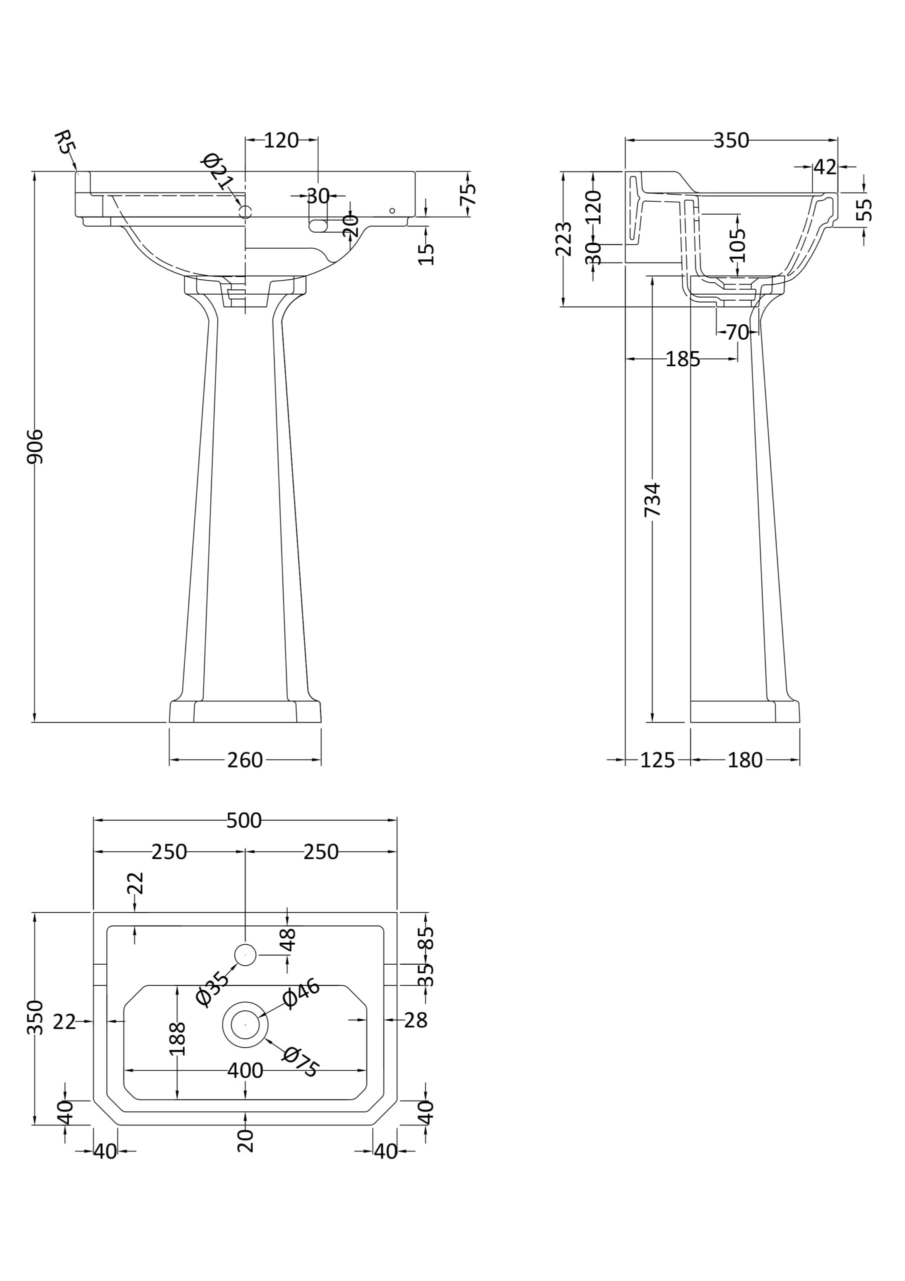Hudson Reed 500mm 1TH Basin & Comfort Height Ped CCR032 - Image 2