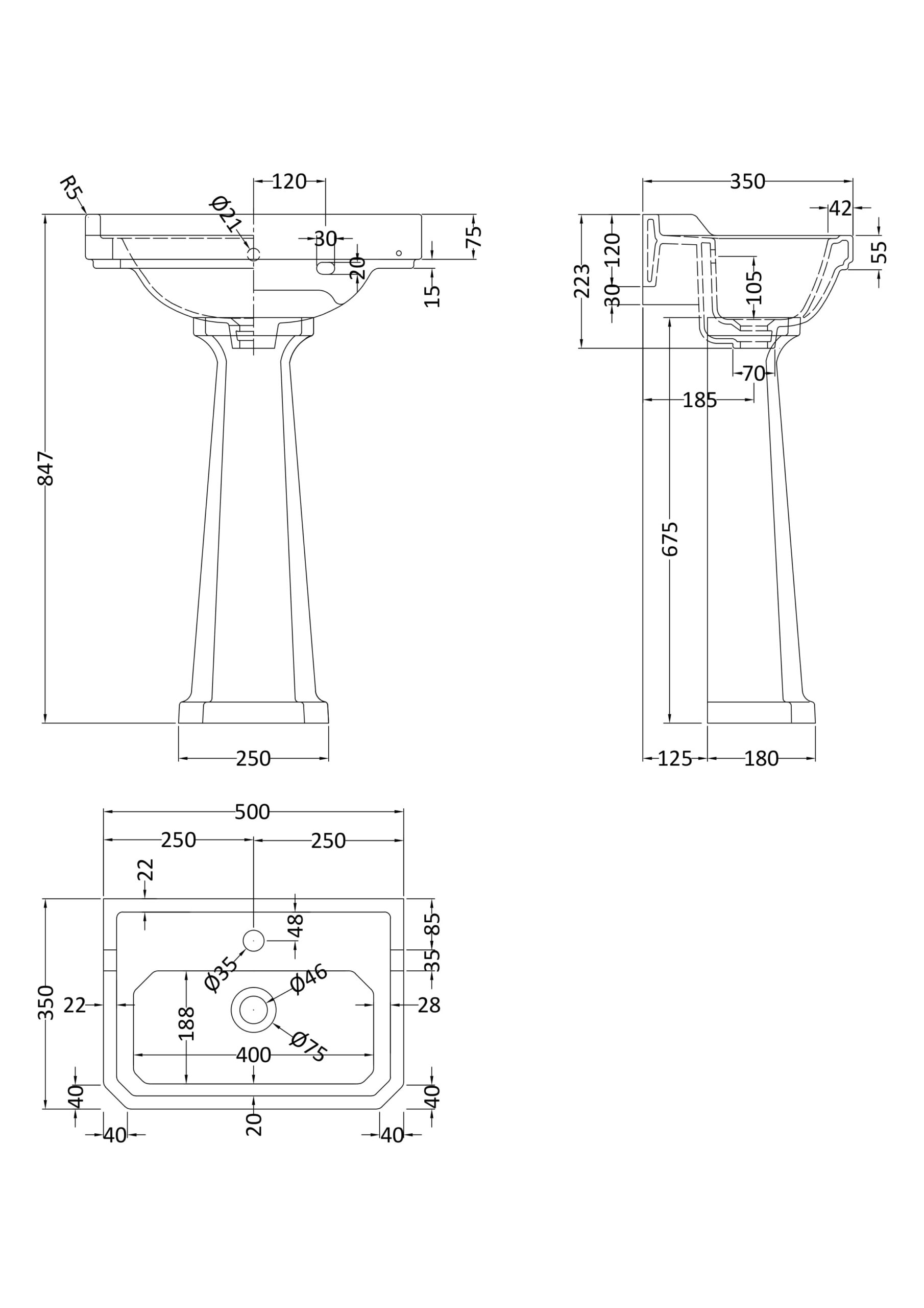 Hudson Reed 500mm Basin & Pedestal (1 Tap Hole) CCR015 - Image 2
