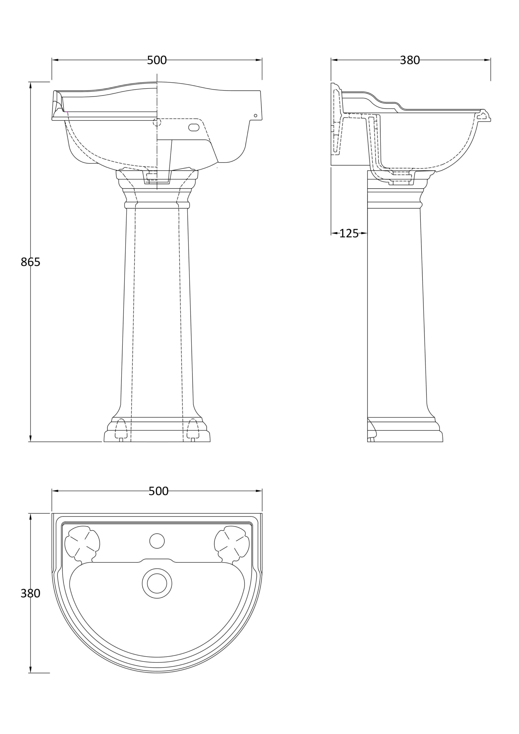 Hudson Reed 500mm Basin & Pedestal (1 Tap Hole) CRT007 - Image 2