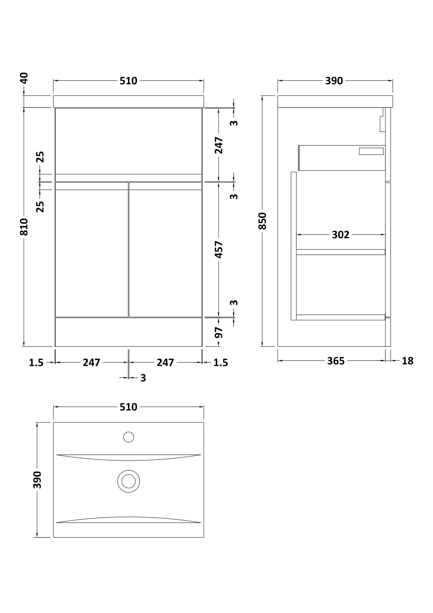 Hudson Reed 500mm Floor Standing 2-Door/Drawer Vanity Unit & Basin 1 URB301A - Image 3