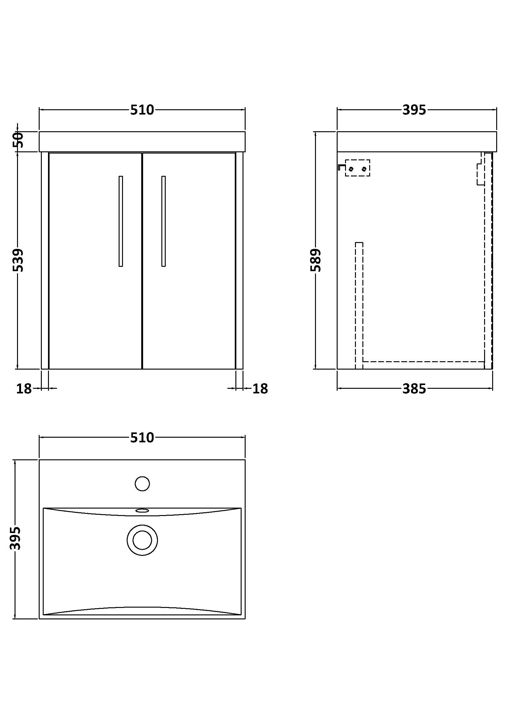 Hudson Reed 500mm Wall Hung 2-Door Vanity & Basin 3 JNU2921D - Image 3