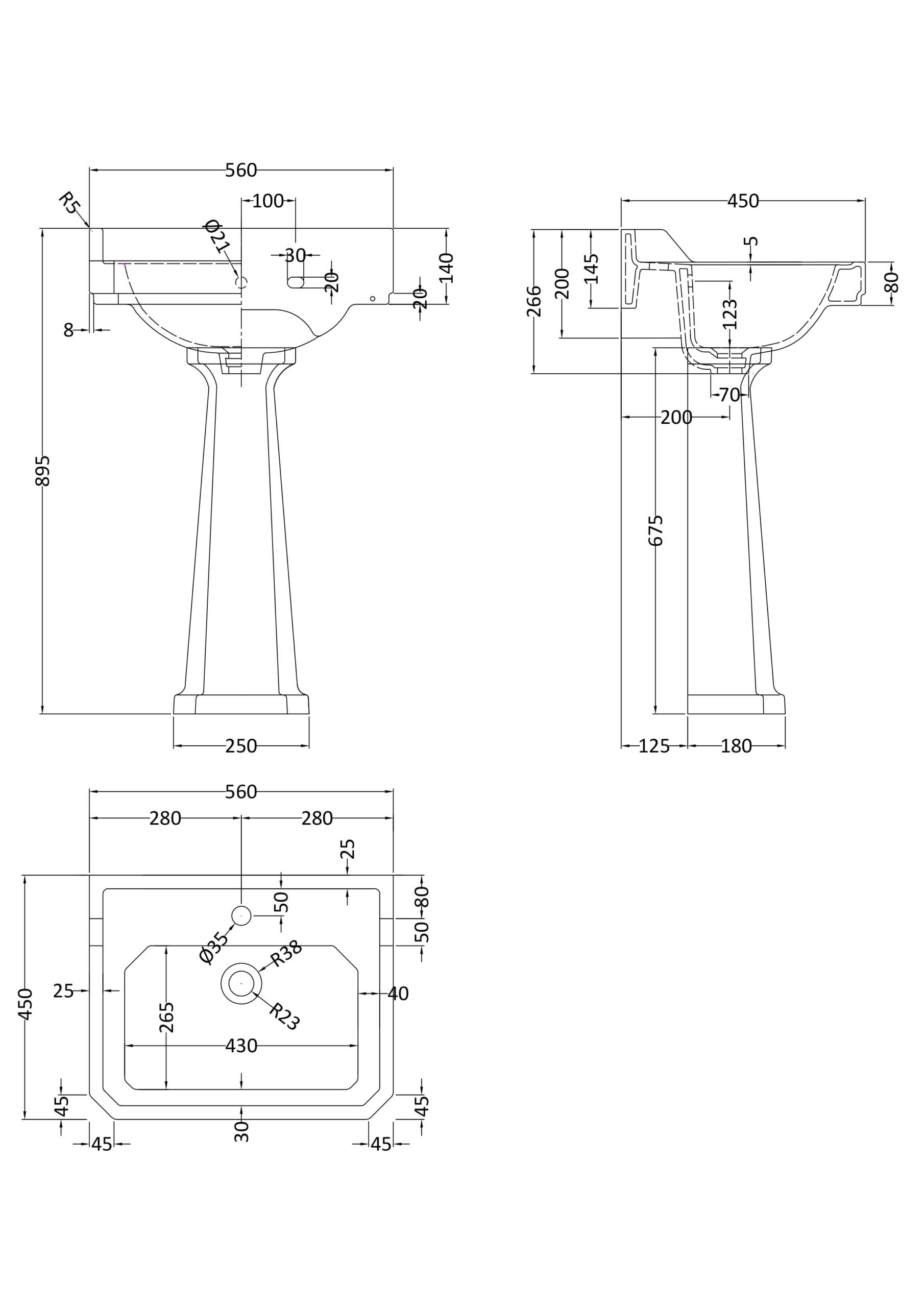 Hudson Reed 560mm Basin & Pedestal (1 Tap Hole) CCR016 - Image 2