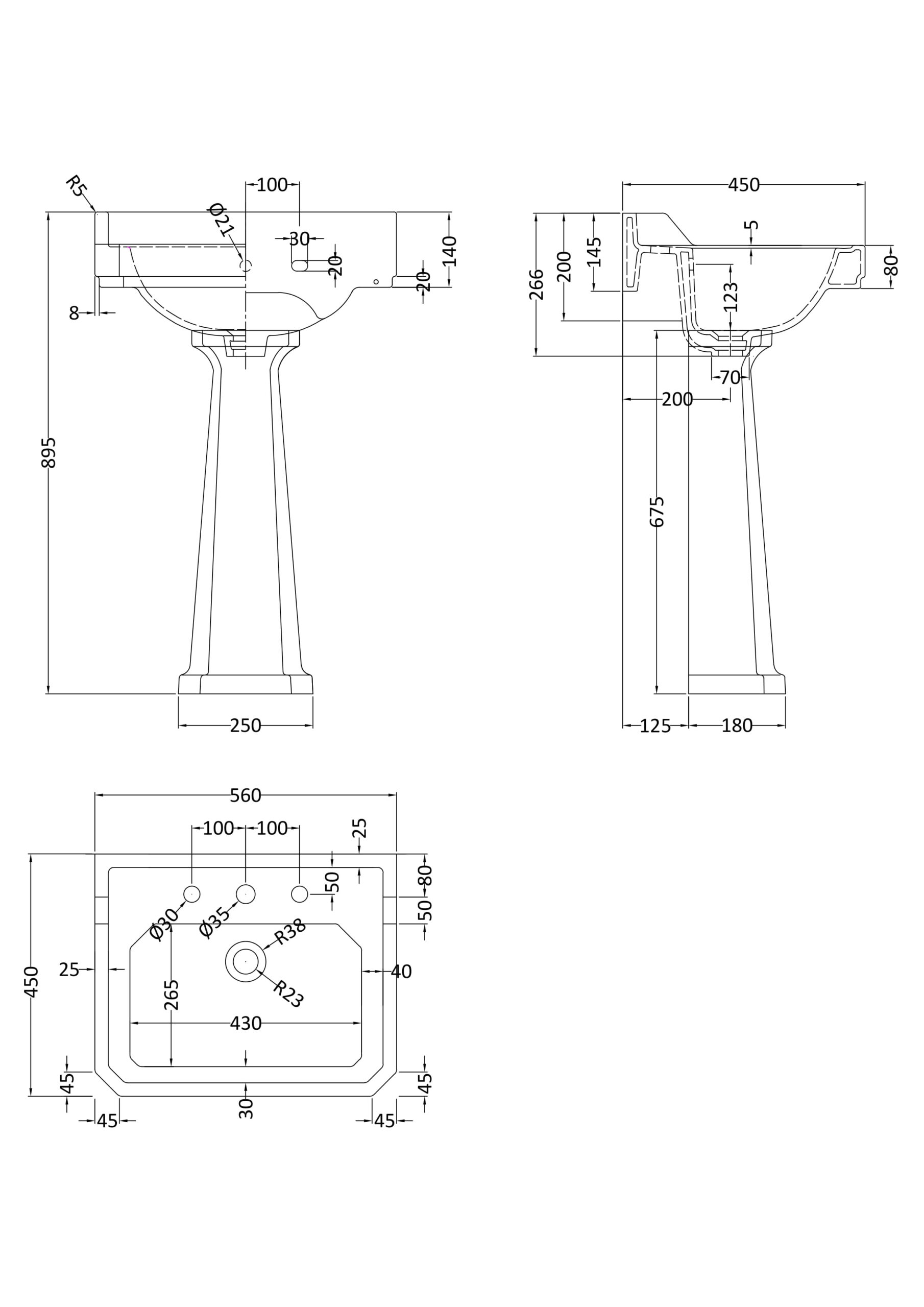 Hudson Reed 560mm Basin & Pedestal (3 Tap Hole) CCR021 - Image 2
