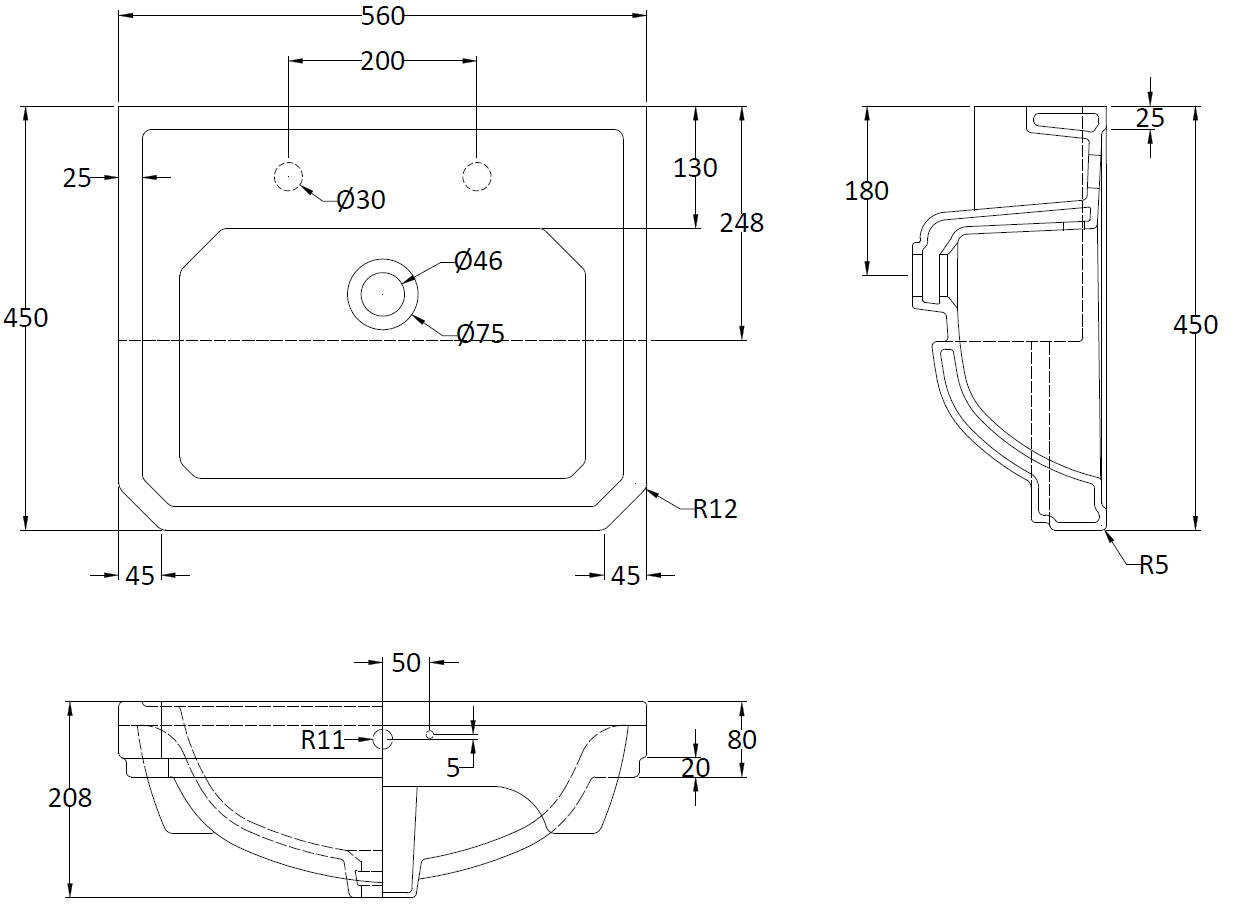 Hudson Reed 560mm Semi Recessed Basin (2 Tap Hole) NCS808 - Image 2