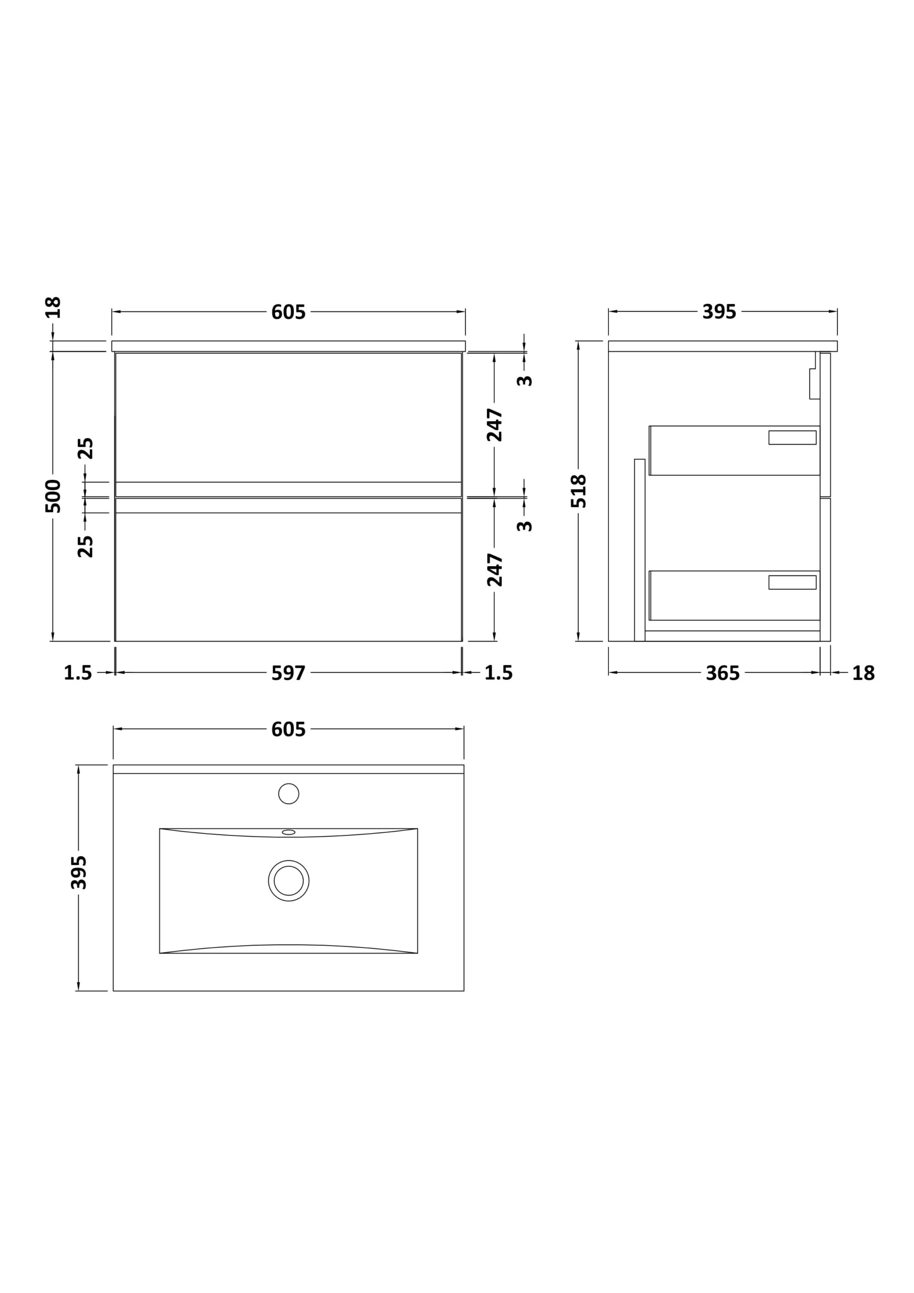 Hudson Reed 600mm Wall Hung 2-Drawer Vanity Unit & Basin 2 URB204B - Image 4