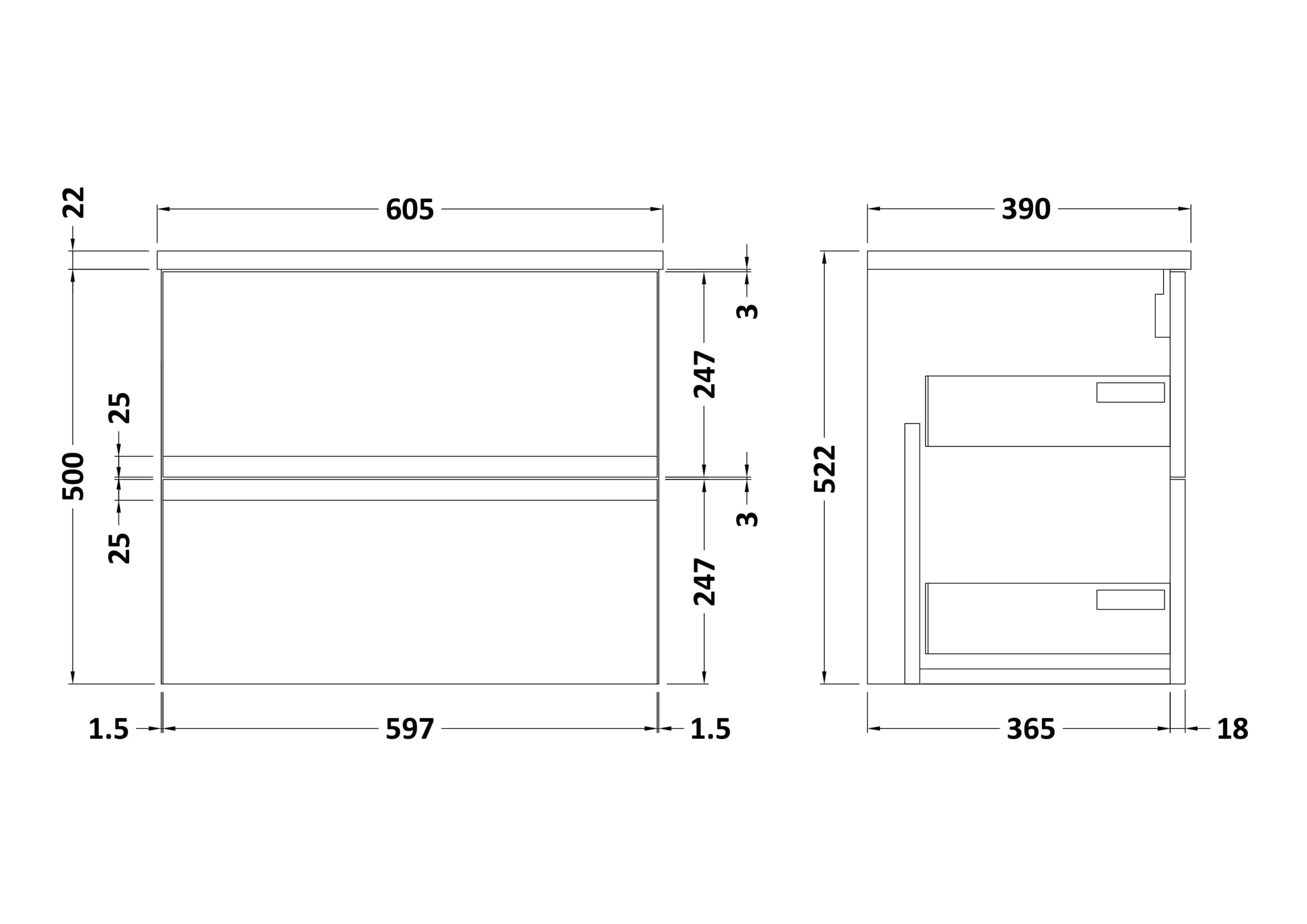 Hudson Reed 600mm Wall Hung 2-Drawer Vanity Unit & Laminate Worktop URB204LBG - Image 2