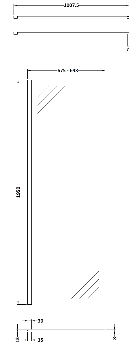 Hudson Reed 700mm Wetroom Screen With Black Support Bar WRSBP70 - Image 2