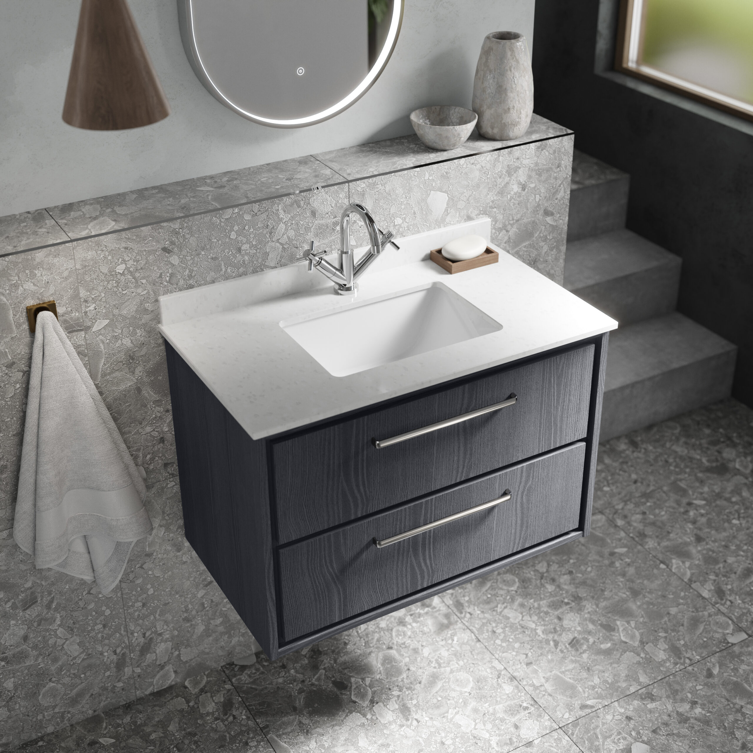 Hudson Reed 800mm Wall Hung 2-Drawer Vanity with Marble Worktop Basin LIL2226WS1 - Image 2