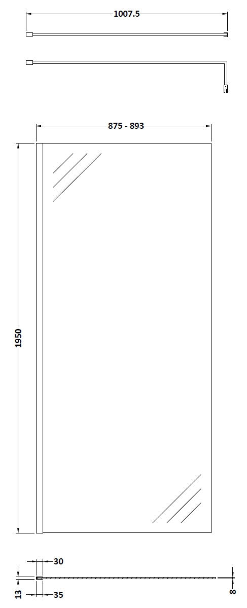 Hudson Reed 900mm Wetroom Screen With Black Support Bar WRSBP90 - Image 2