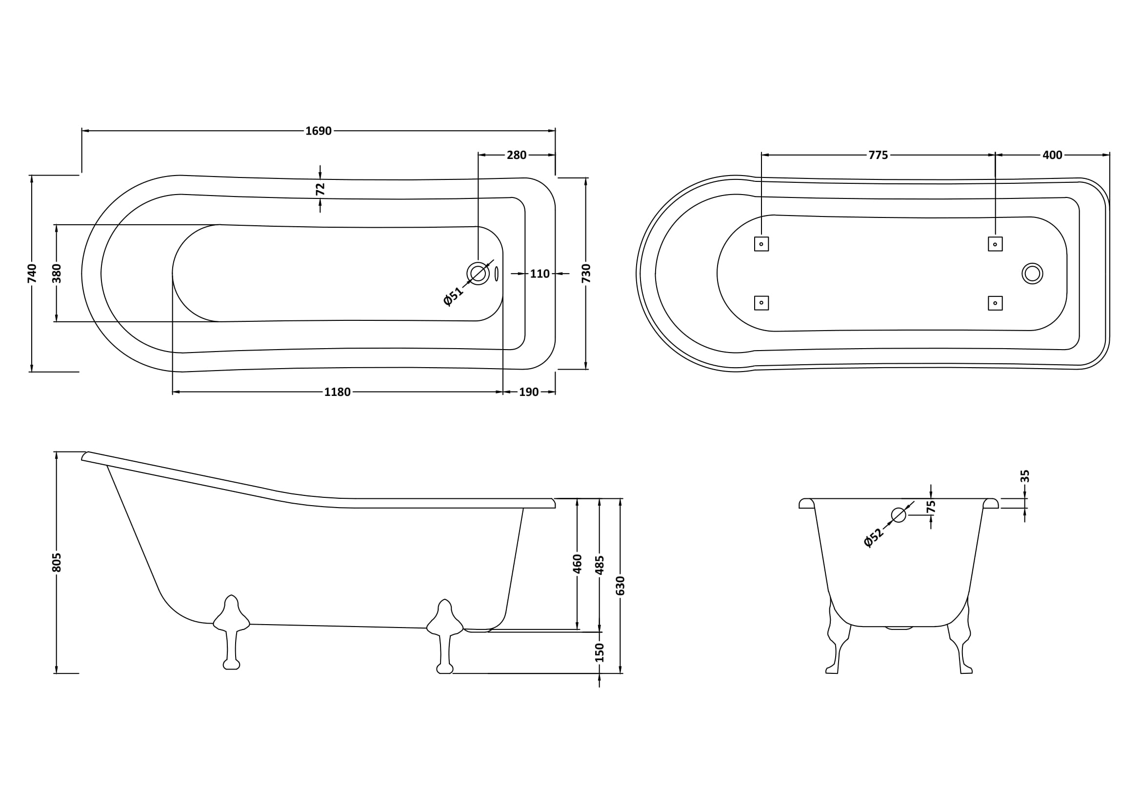 Hudson Reed Freestanding Bath - Corbel Leg Set (1700mm) RL1690T - Image 4