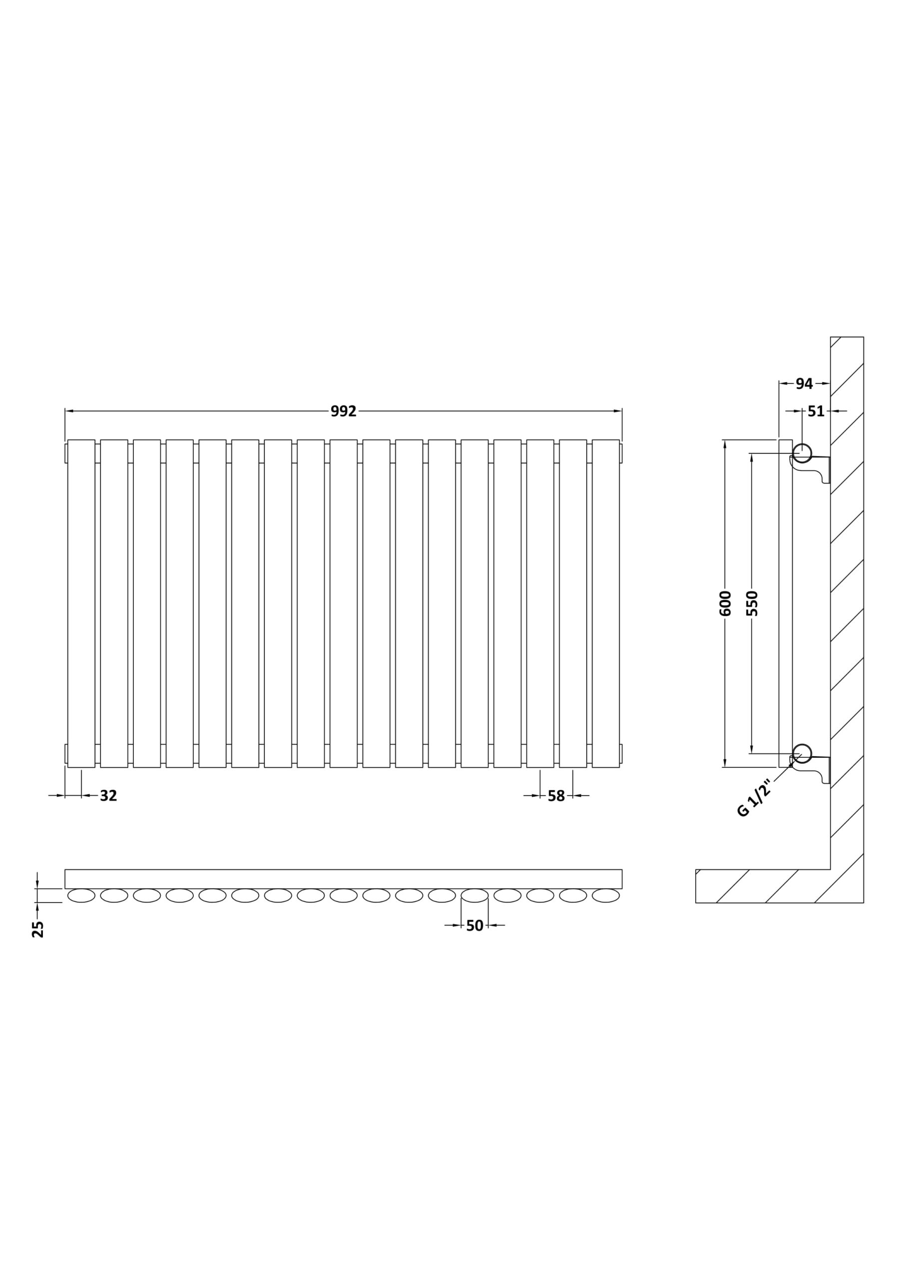 Hudson Reed Horizontal Single Panel Radiator 600 x 992 HL339 - Image 2