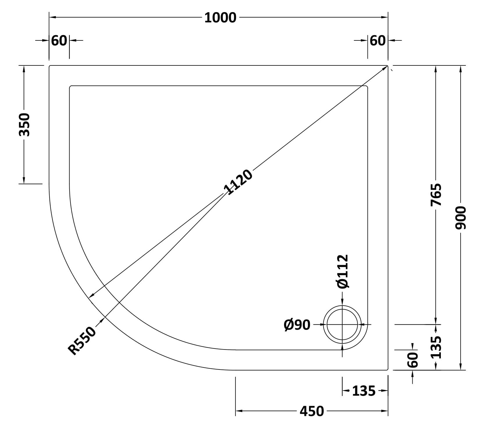 Hudson Reed Offset Quad Shower Tray 1000 x 900mm LH NTP110 - Image 2