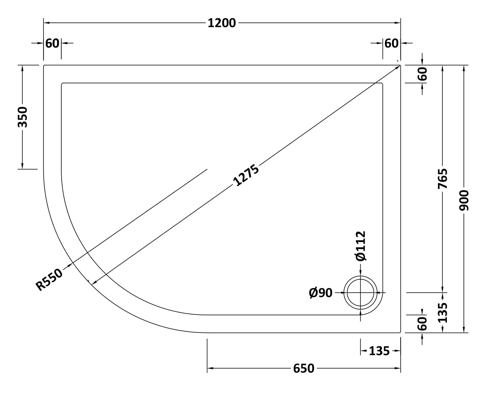 Hudson Reed Offset Quad Shower Tray LH 1200 x 900mm NTP114 - Image 2