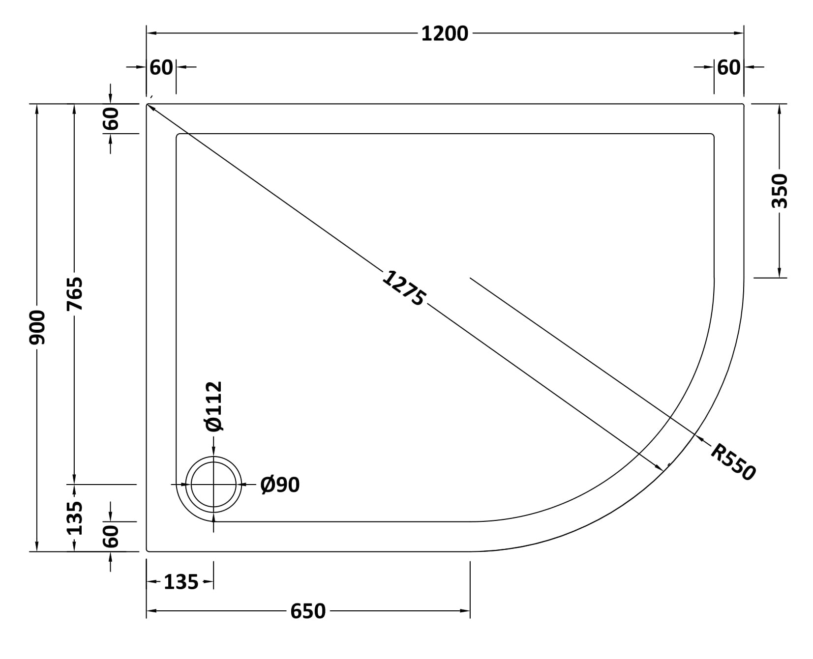 Hudson Reed Offset Quad Shower Tray RH 1200 x 900mm NTP115 - Image 2