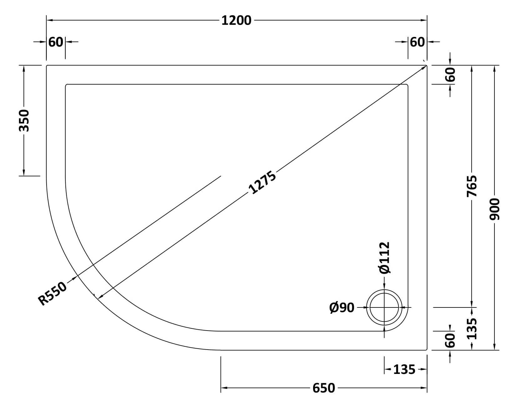 Hudson Reed Offset Quadrant Shower Tray LH 1200 x 900mm TR71114 - Image 2