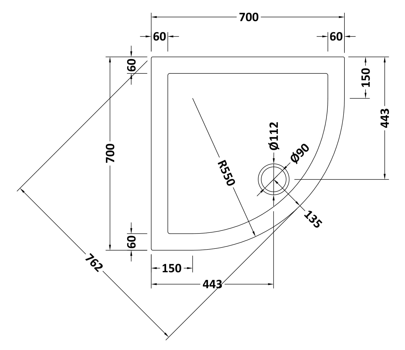 Hudson Reed Quadrant Shower Tray 700 x 700mm TR71096 - Image 2