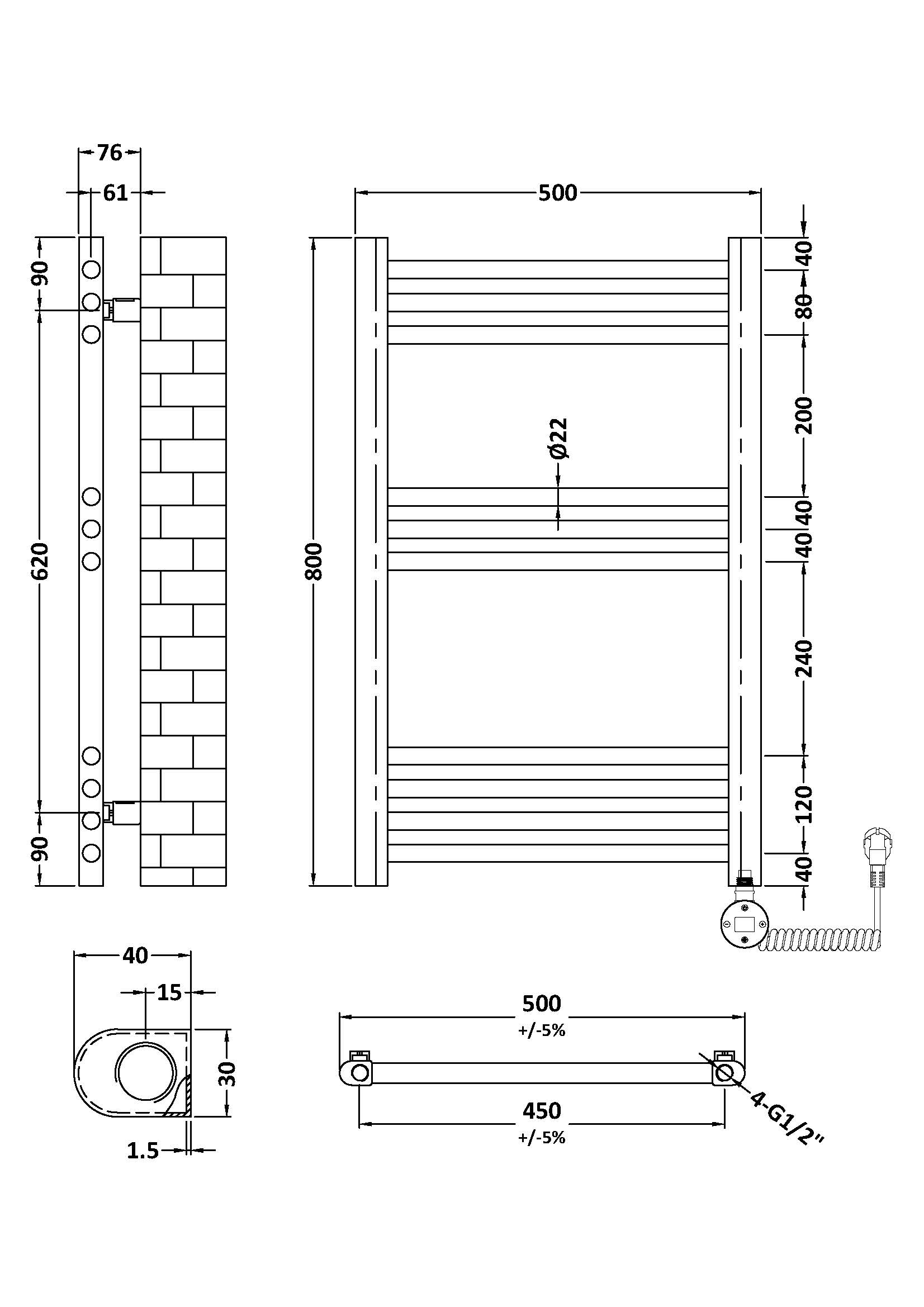 Hudson Reed Round Straight Towel Radiator 800x500 MTY159 - Image 2