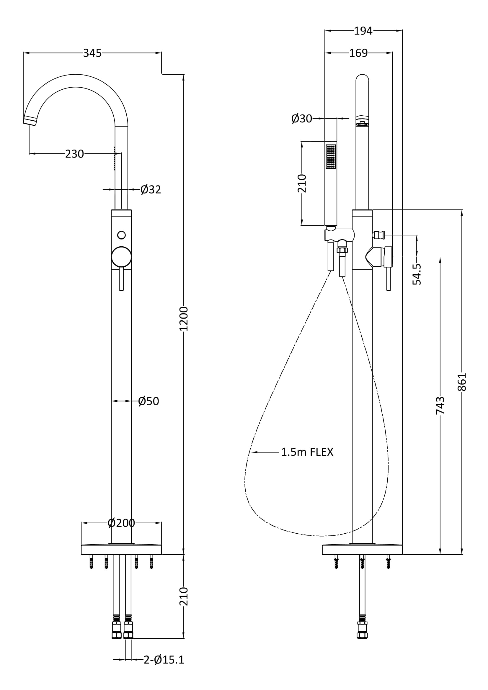 Hudson Reed Tec Floor Standing Bath Shower Mixer PN821 - Image 2