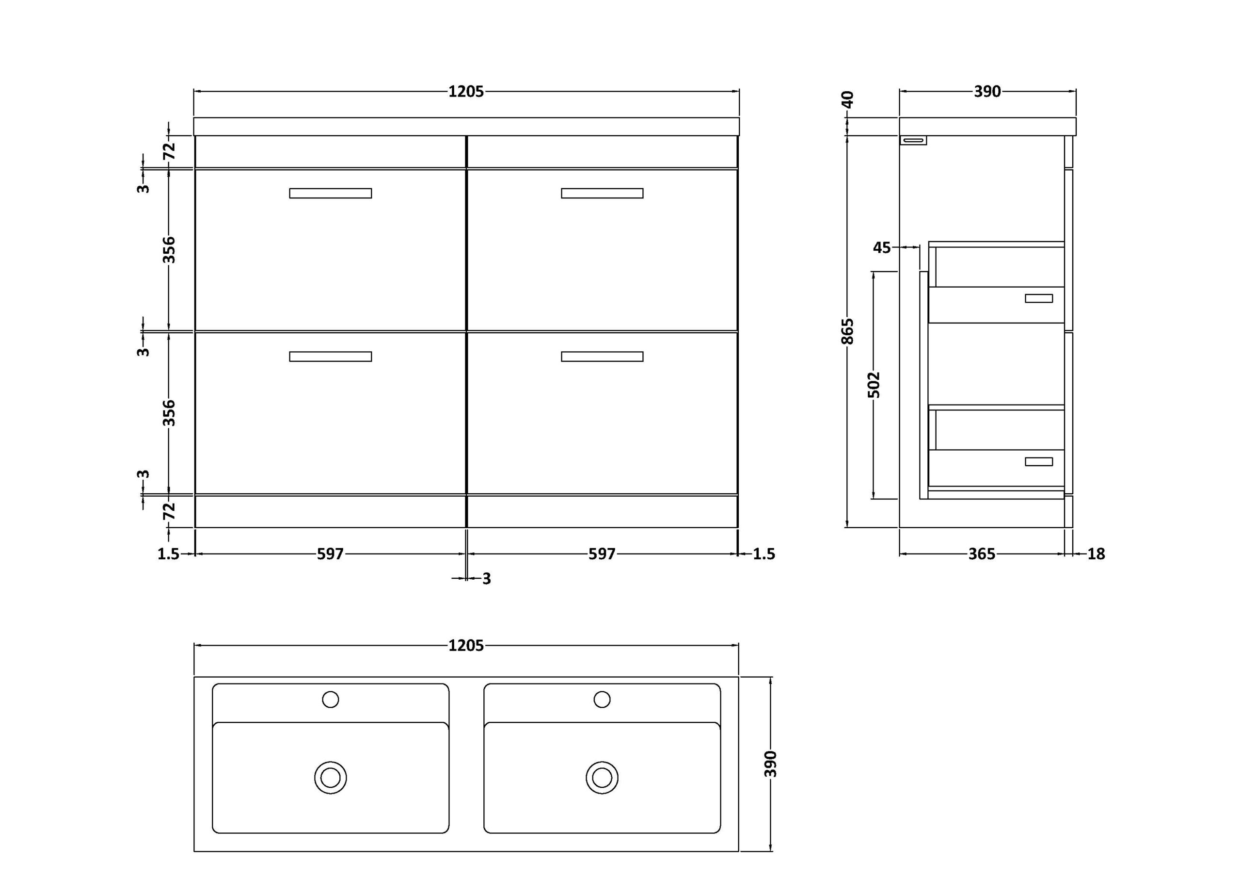 Nuie 1200mm Floor Standing Cabinet With Double Ceramic Basin ATH033F - Image 3