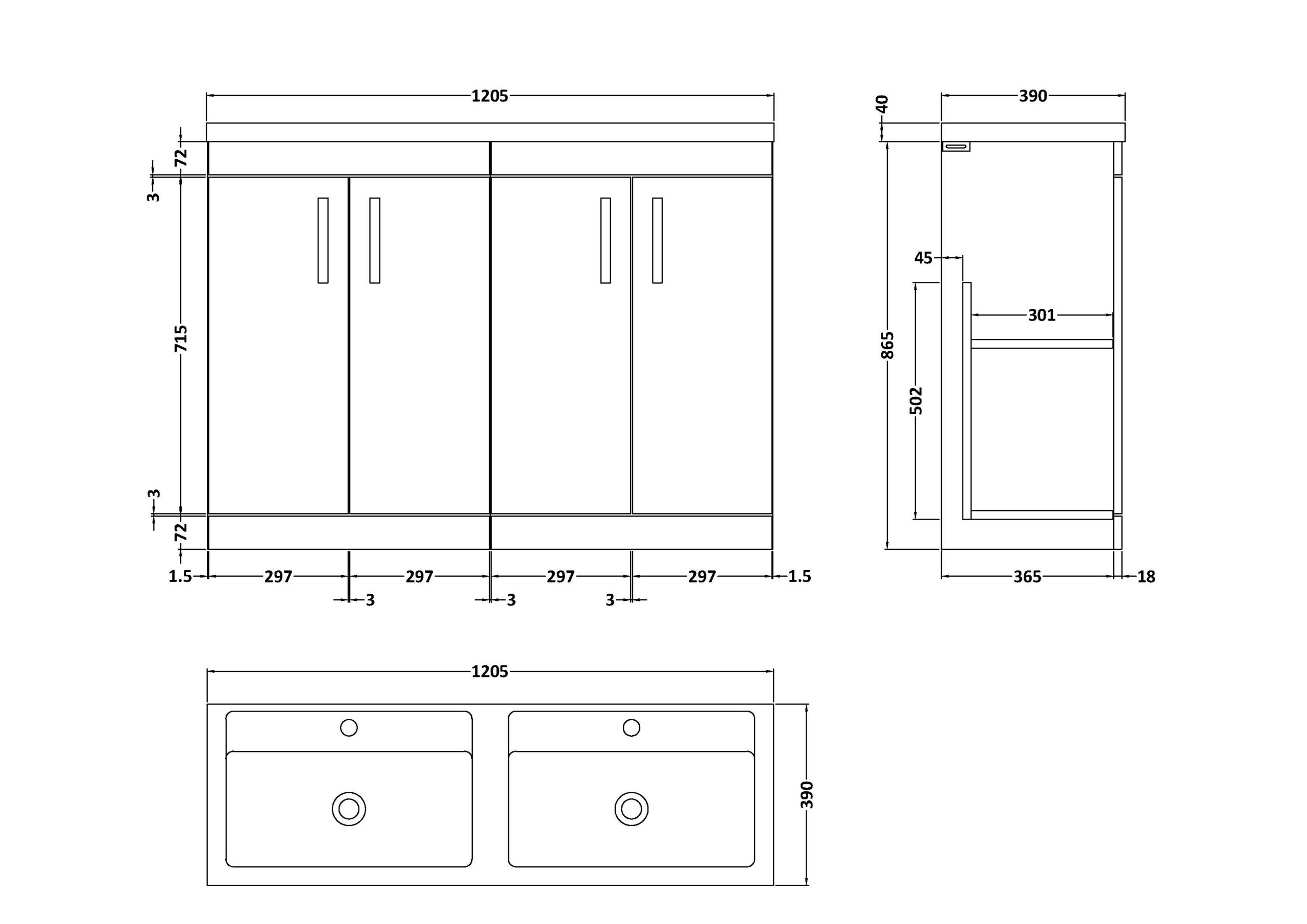 Nuie 1200mm Floor Standing Cabinet With Double Ceramic Basin ATH075F - Image 3