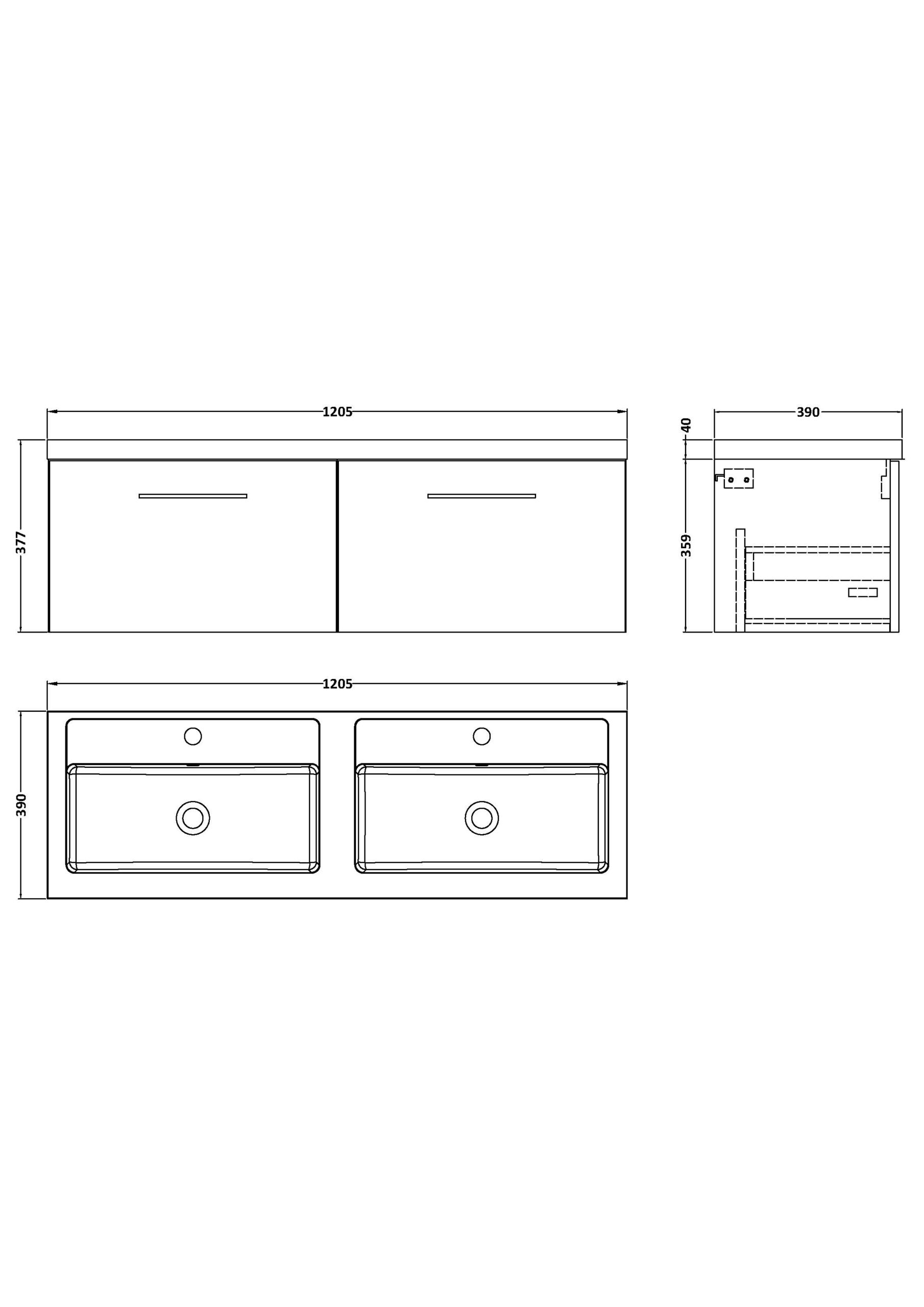 Nuie 1200mm Wall Hung 2 Drawer Vanity & Double Basin ARN122C - Image 3