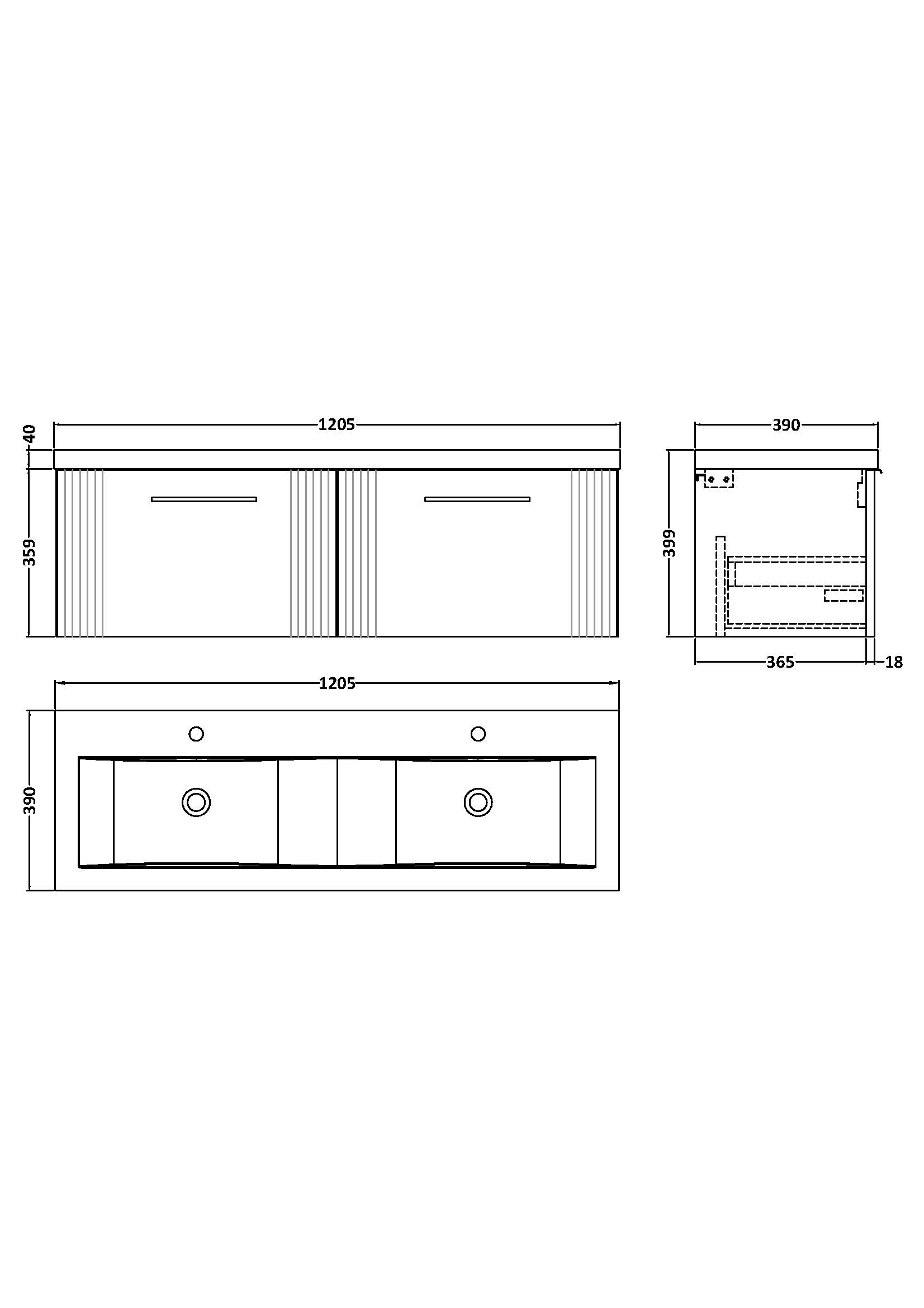 Nuie 1200mm Wall Hung 2 Drawer Vanity & Double Basin DPF1494F - Image 3