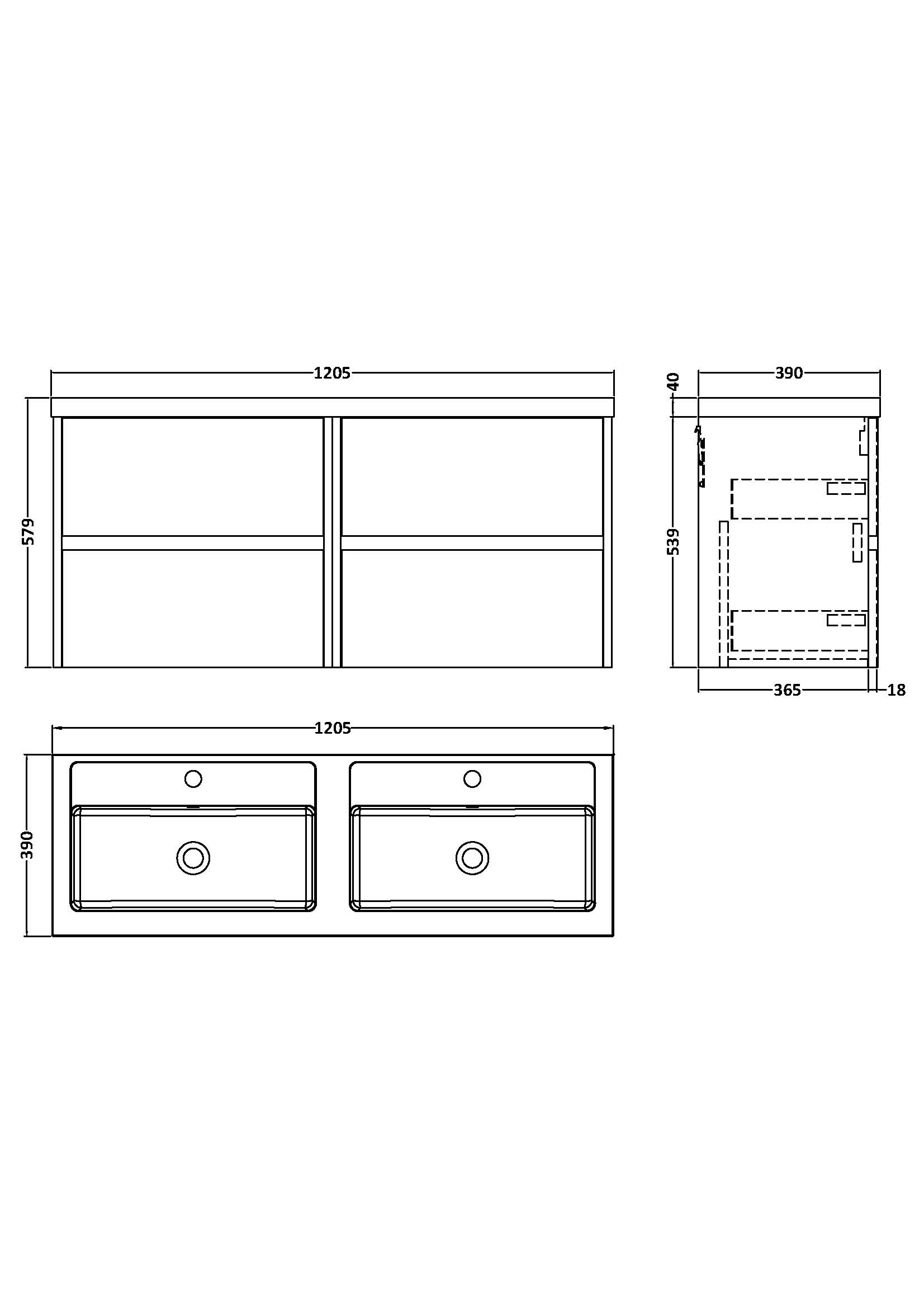 Nuie 1200mm Wall Hung 4 Drawer Unit & Double Basin HAV2204C - Image 3