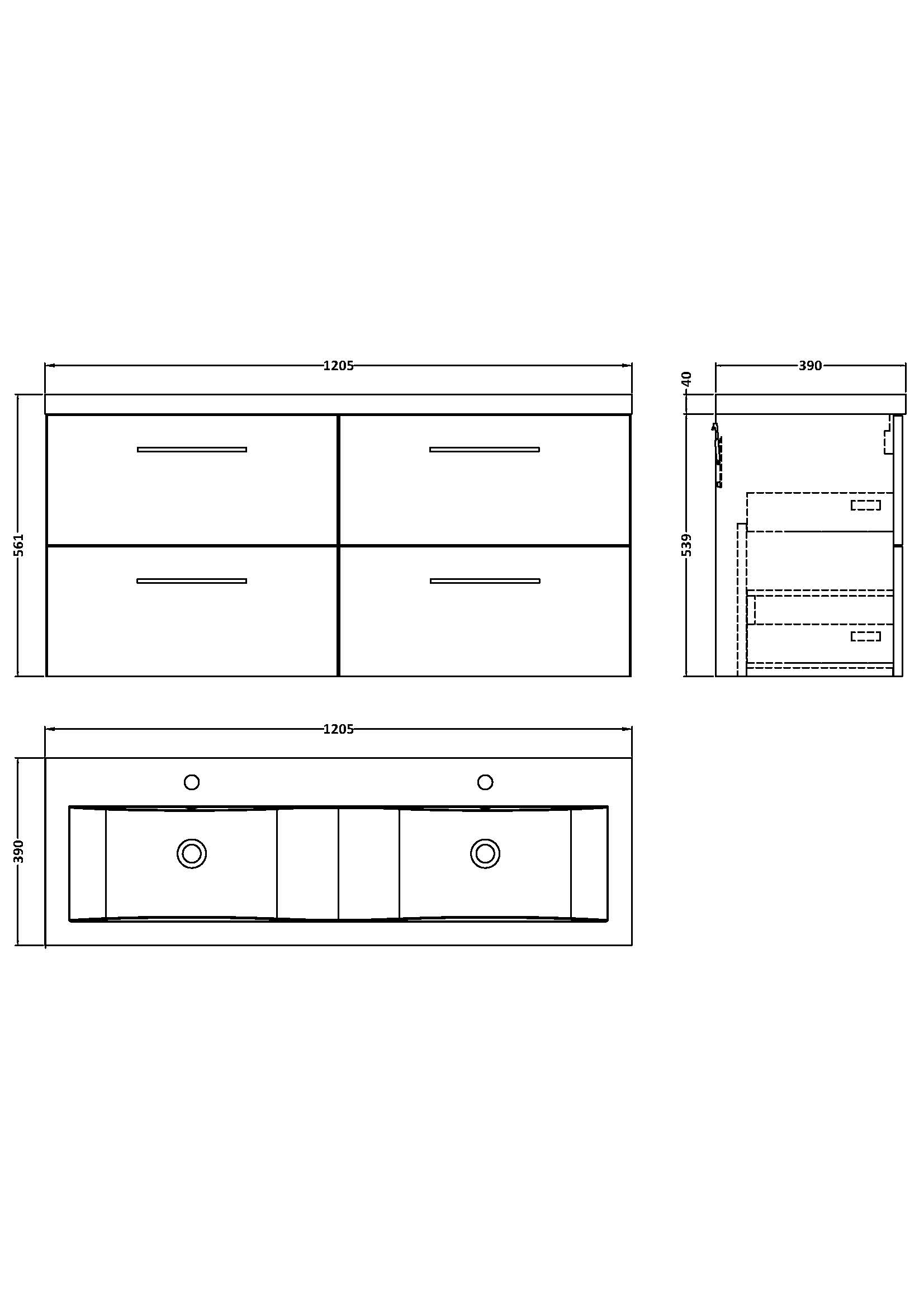 Nuie 1200mm Wall Hung 4 Drawer Vanity & Double Basin ARN524F - Image 3