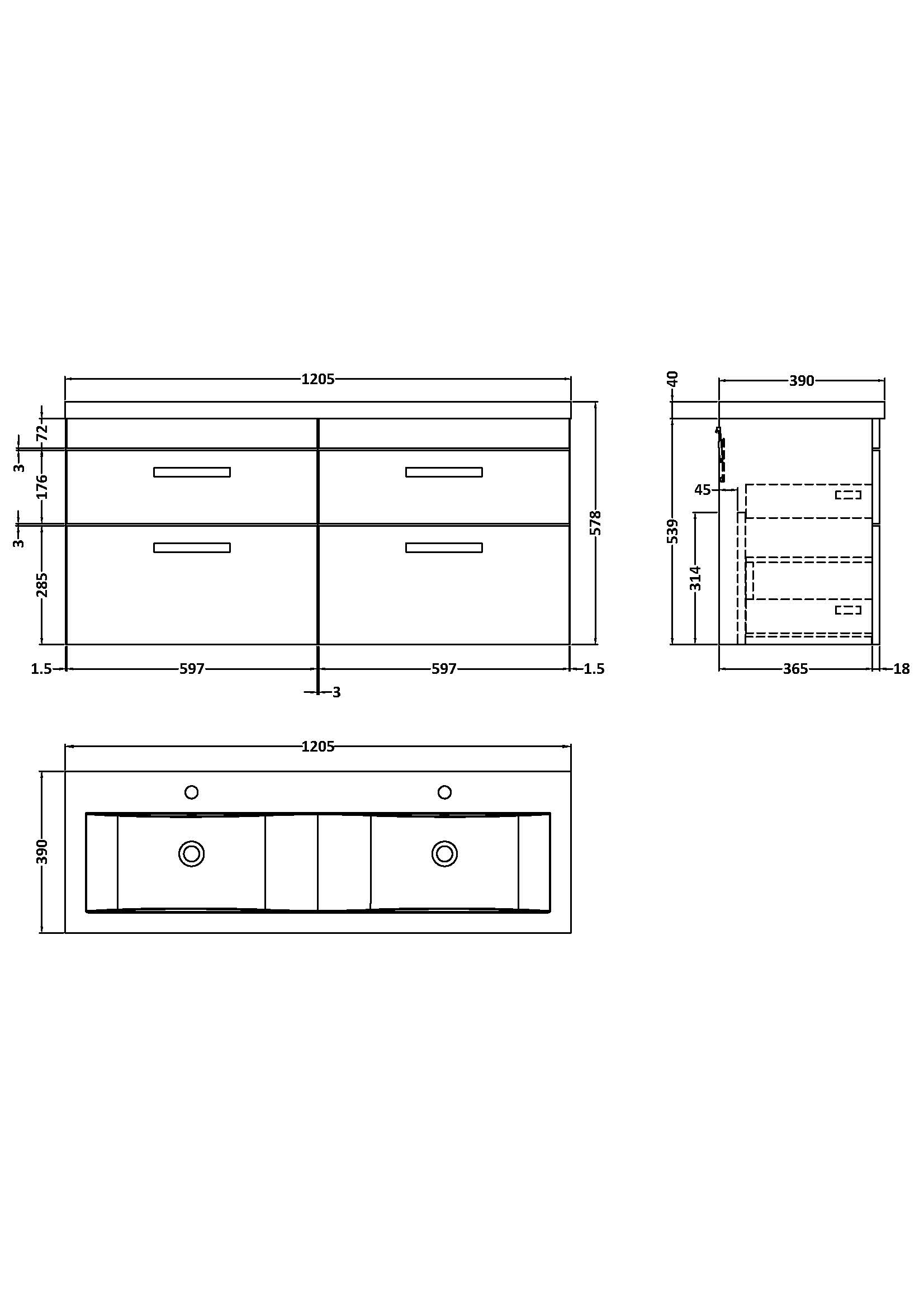 Nuie 1200mm Wall Hung Cabinet With Double Ceramic Basin ATH048F - Image 3