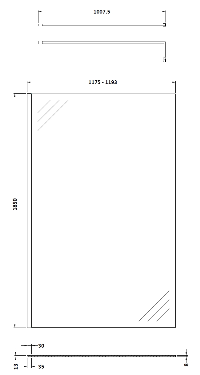 Nuie 1200mm Wetroom Screen & Support Bar WRSC12 - Image 3