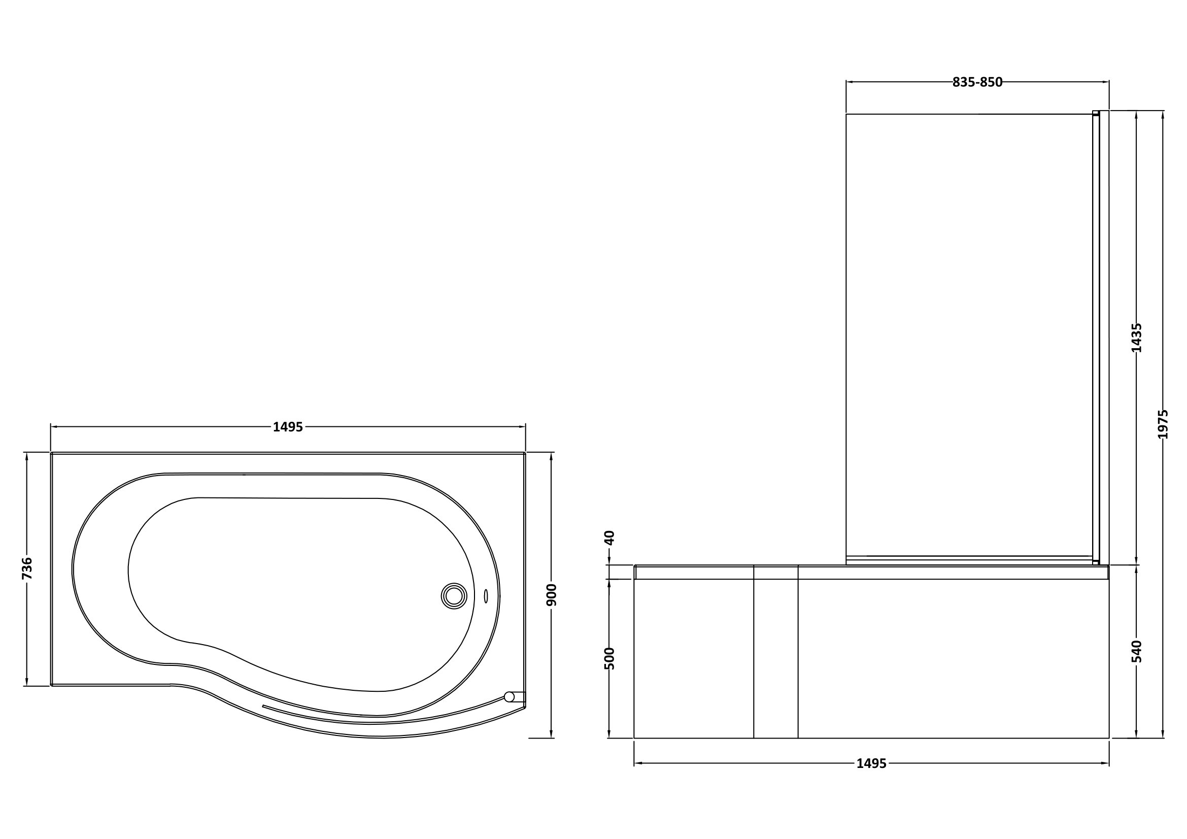 Nuie 1500mm B Shaped Right Hand Bath Set SBATH21 - Image 3