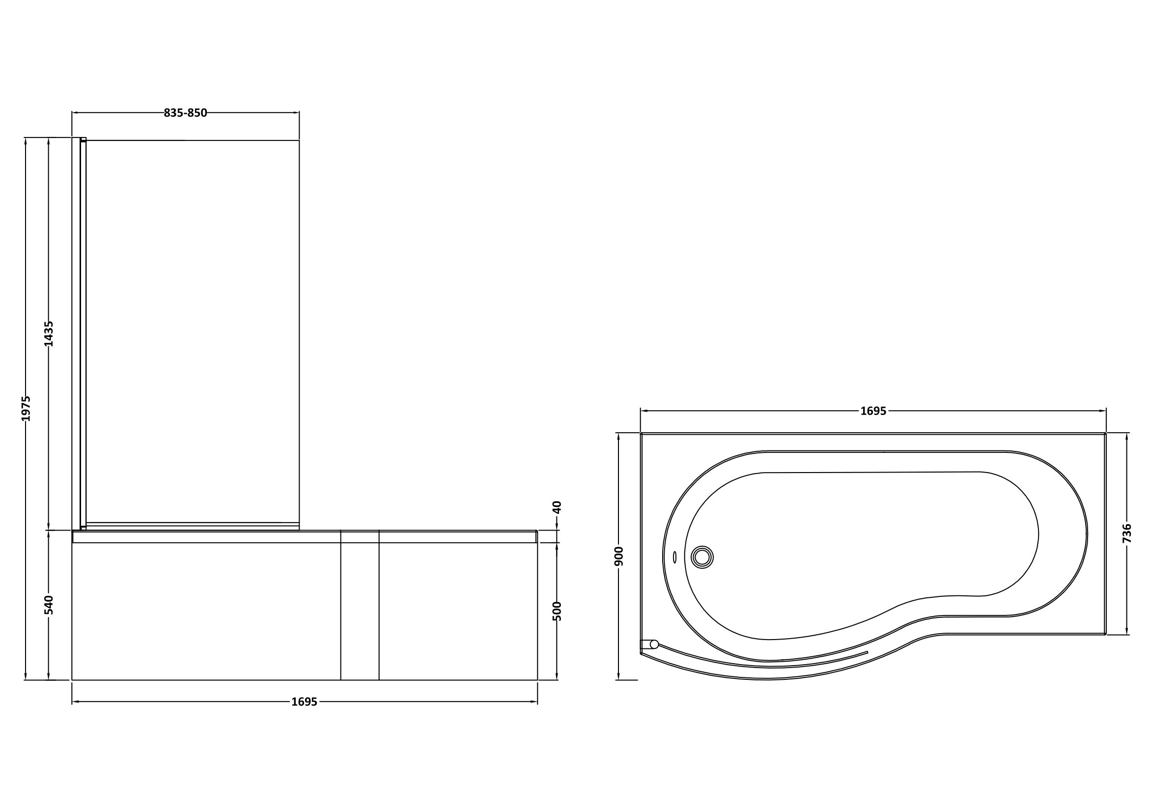 Nuie 1700mm B Shaped Left Hand Bath Set SBATH07 - Image 3