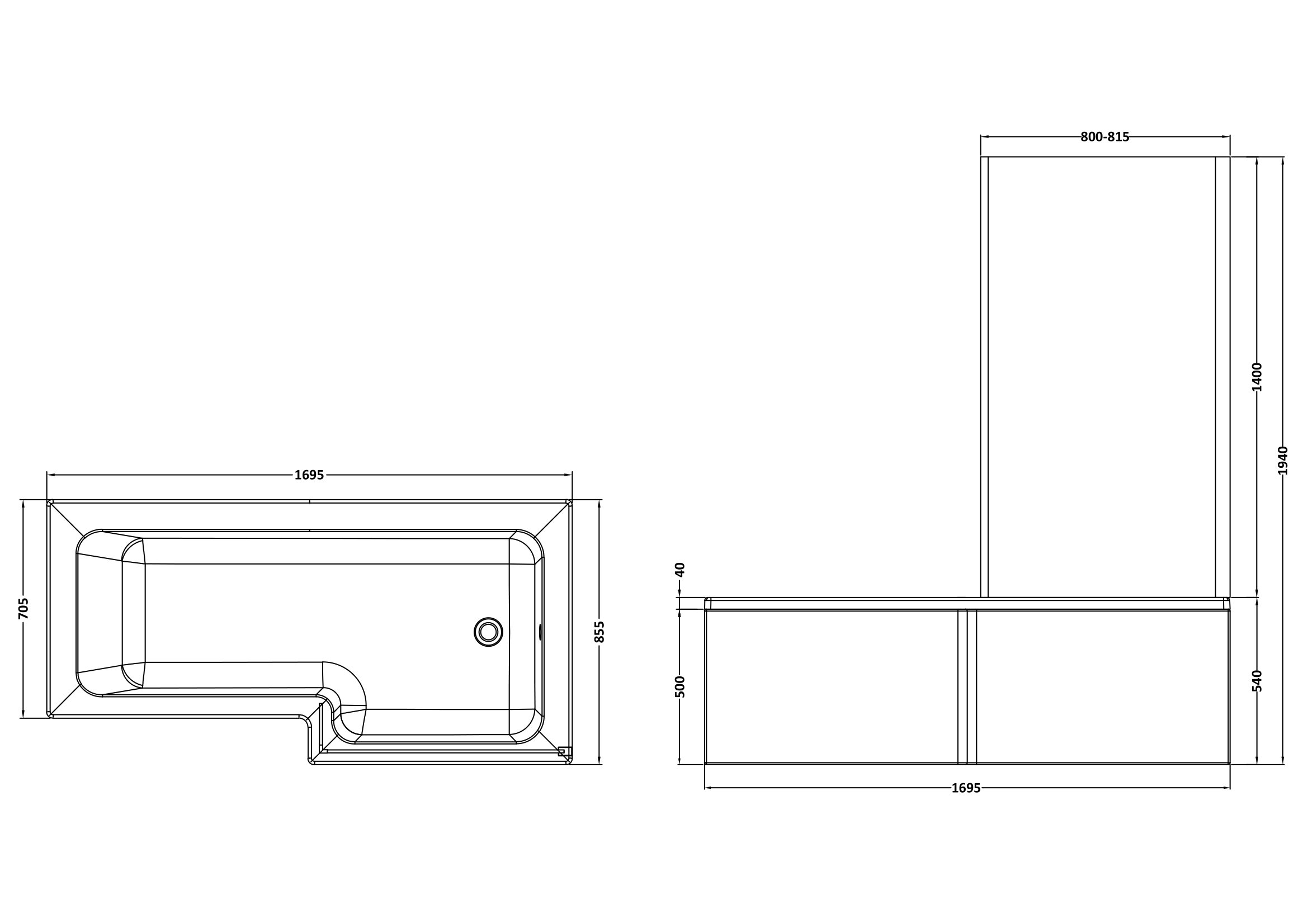 Nuie 1700mm Right Hand Square Shower Bath Set SBATH06 - Image 3