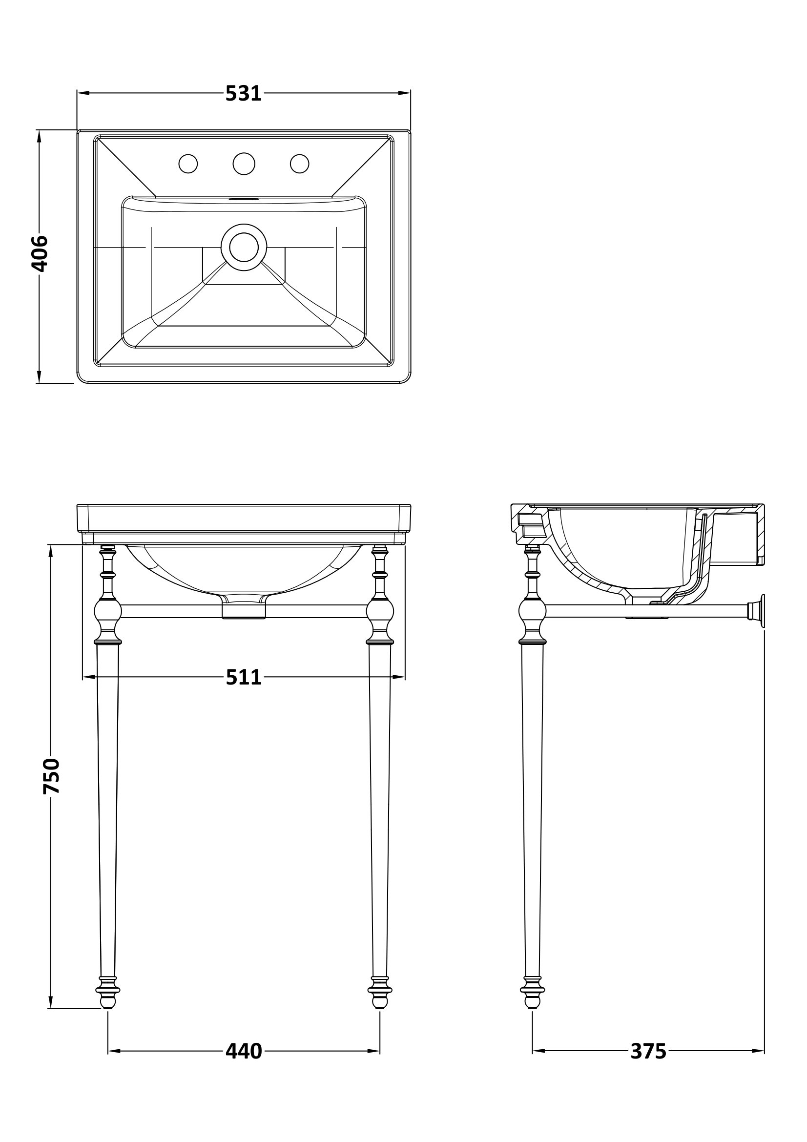 Nuie 500mm 3TH Basin With Traditional Stand CLB532 - Image 3