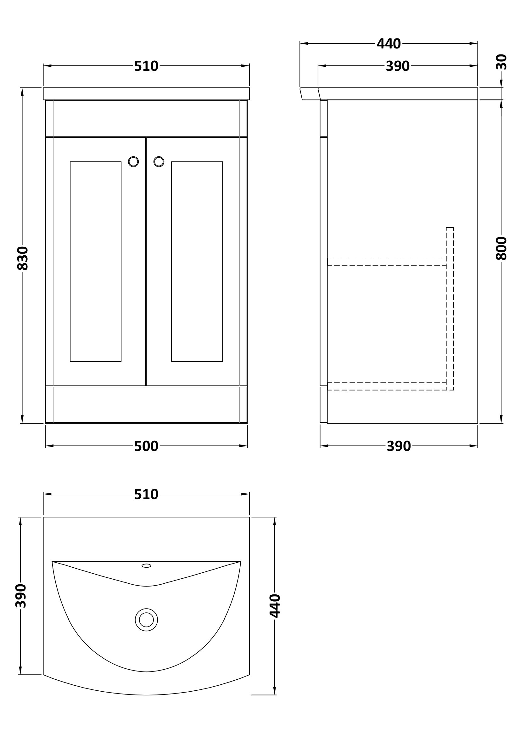 Nuie 500mm Floor Standing 2-Door Unit & Curved Basin CLC223J - Image 3