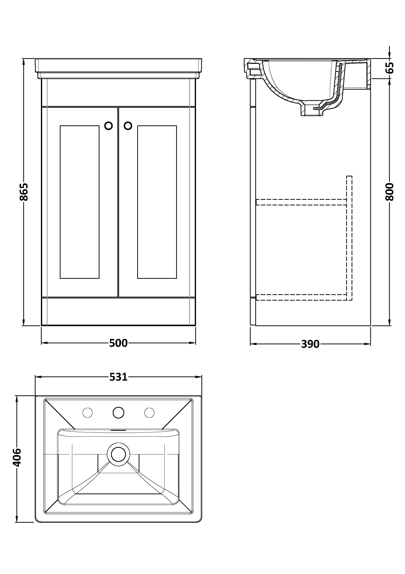 Nuie 500mm Floor Standing 2-Door Vanity & Basin 3TH CLC123B - Image 3