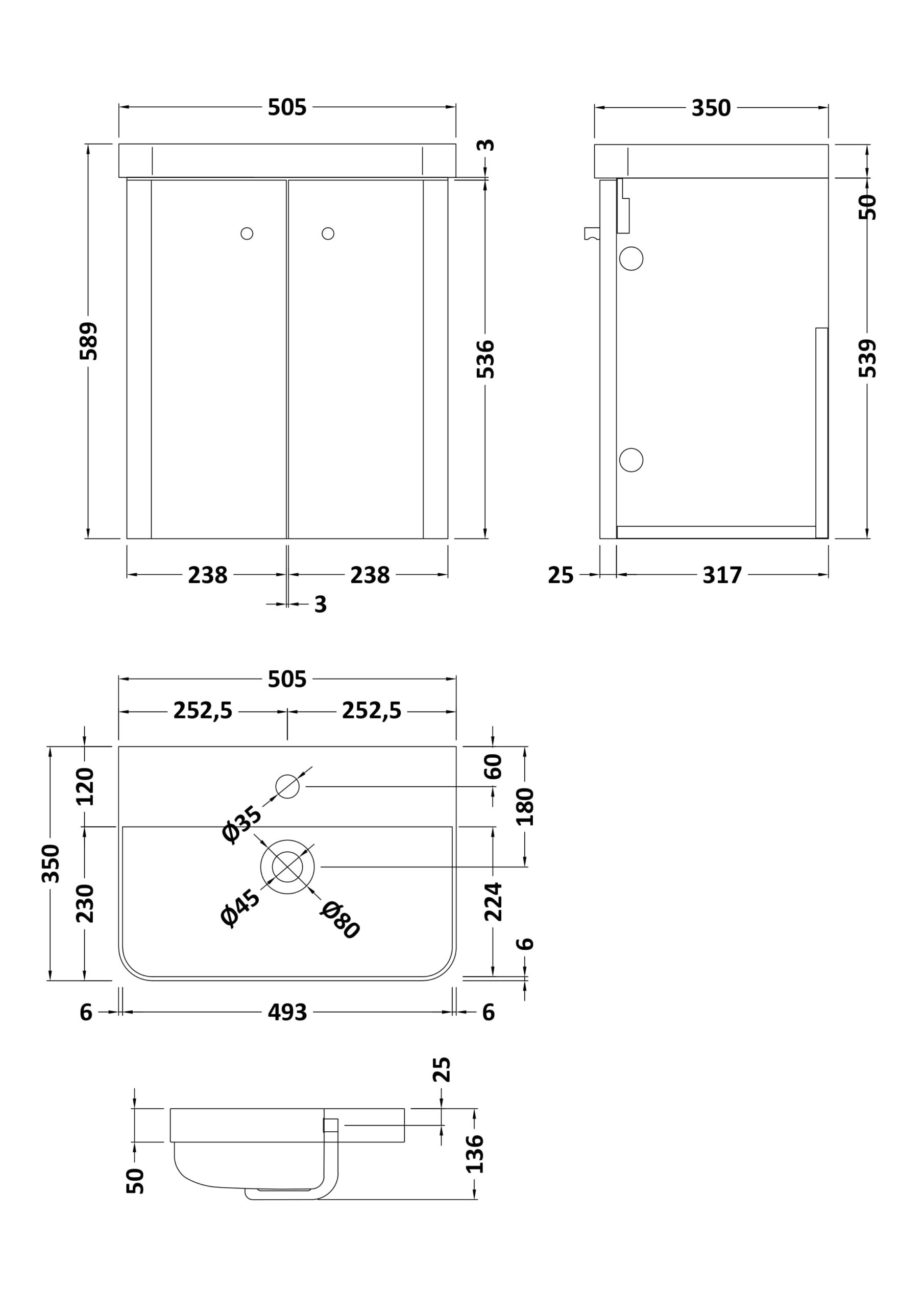 Nuie 500mm Wall Hung 2-Door Vanity & Basin COR1035 - Image 2
