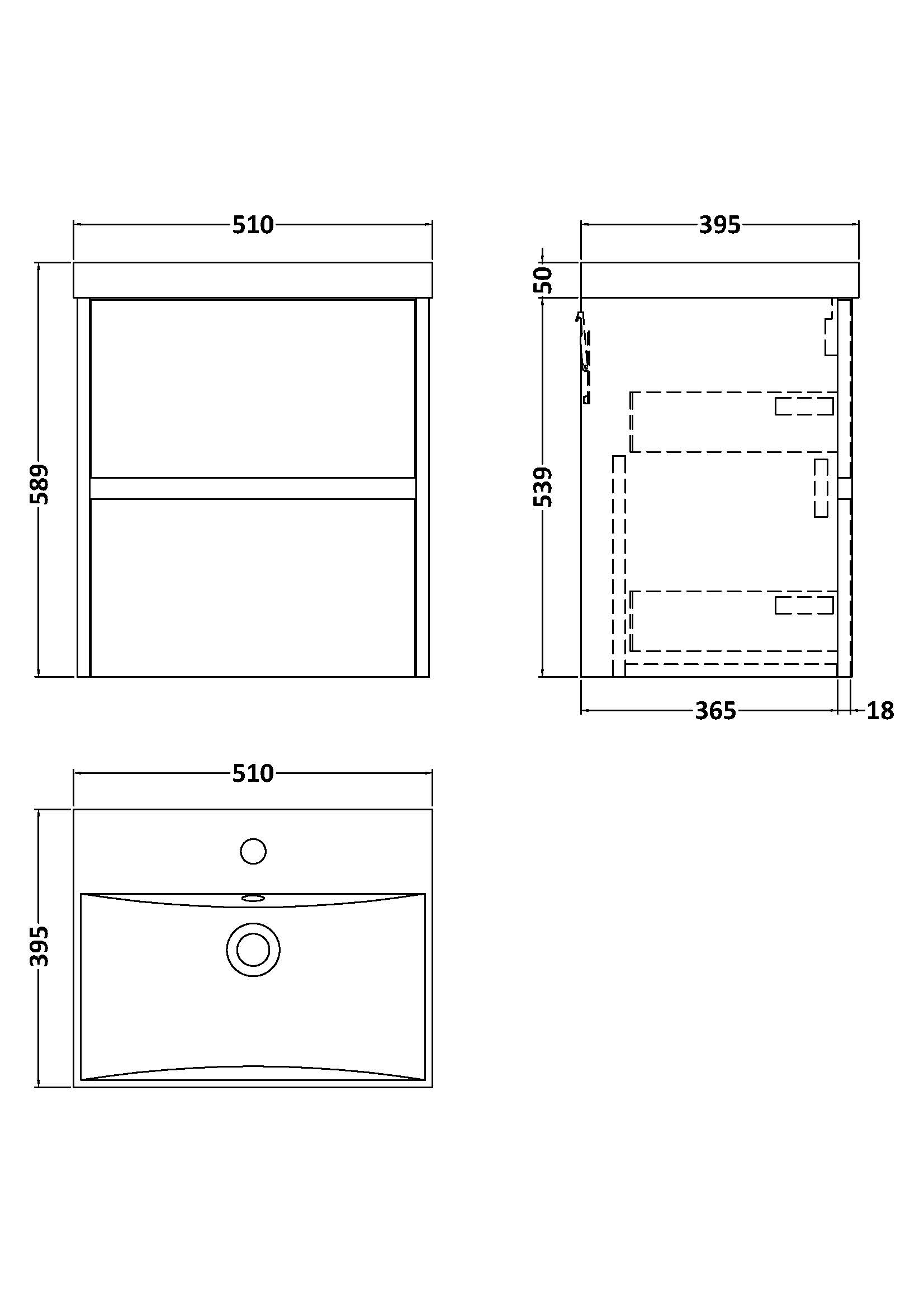 Nuie 500mm Wall Hung 2 Drawer Unit & Basin 3 HAV2202D - Image 3