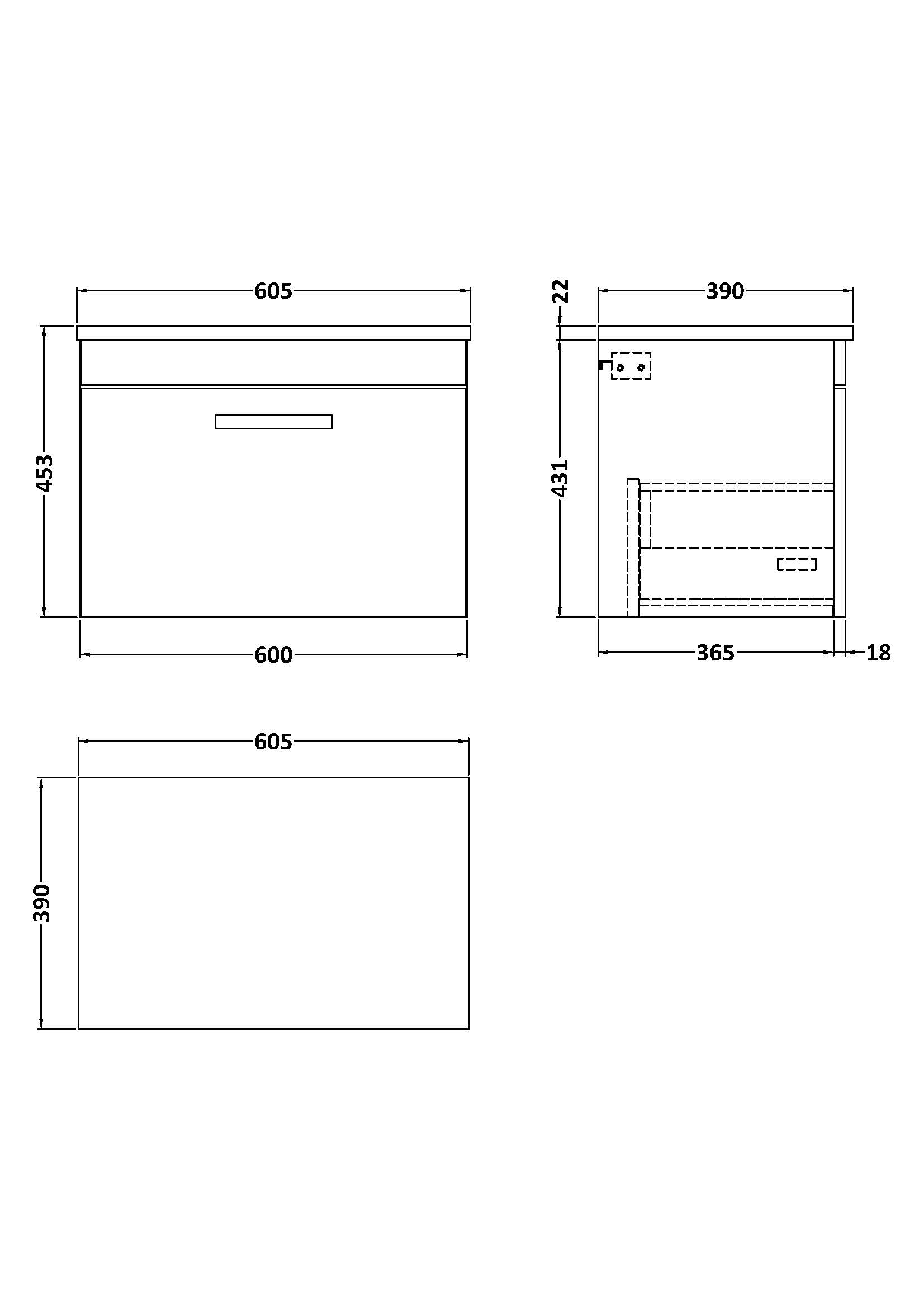 Nuie 600 Wall Hung Single Drawer Unit & Laminate Worktop ATH039LCM - Image 2