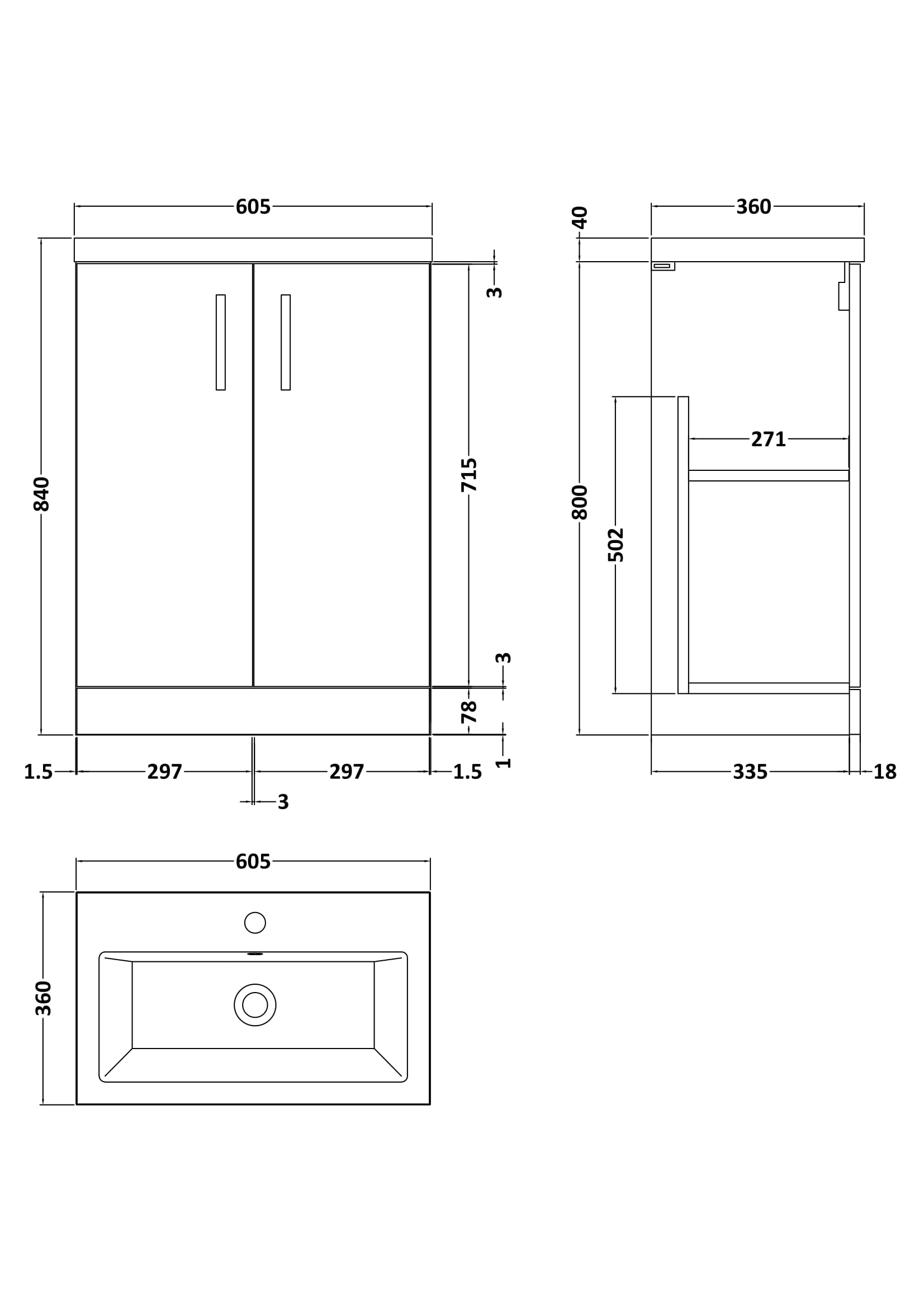 Nuie 600mm Floor Standing 2 Door Vanity & Ceramic Basin PAL123E - Image 3