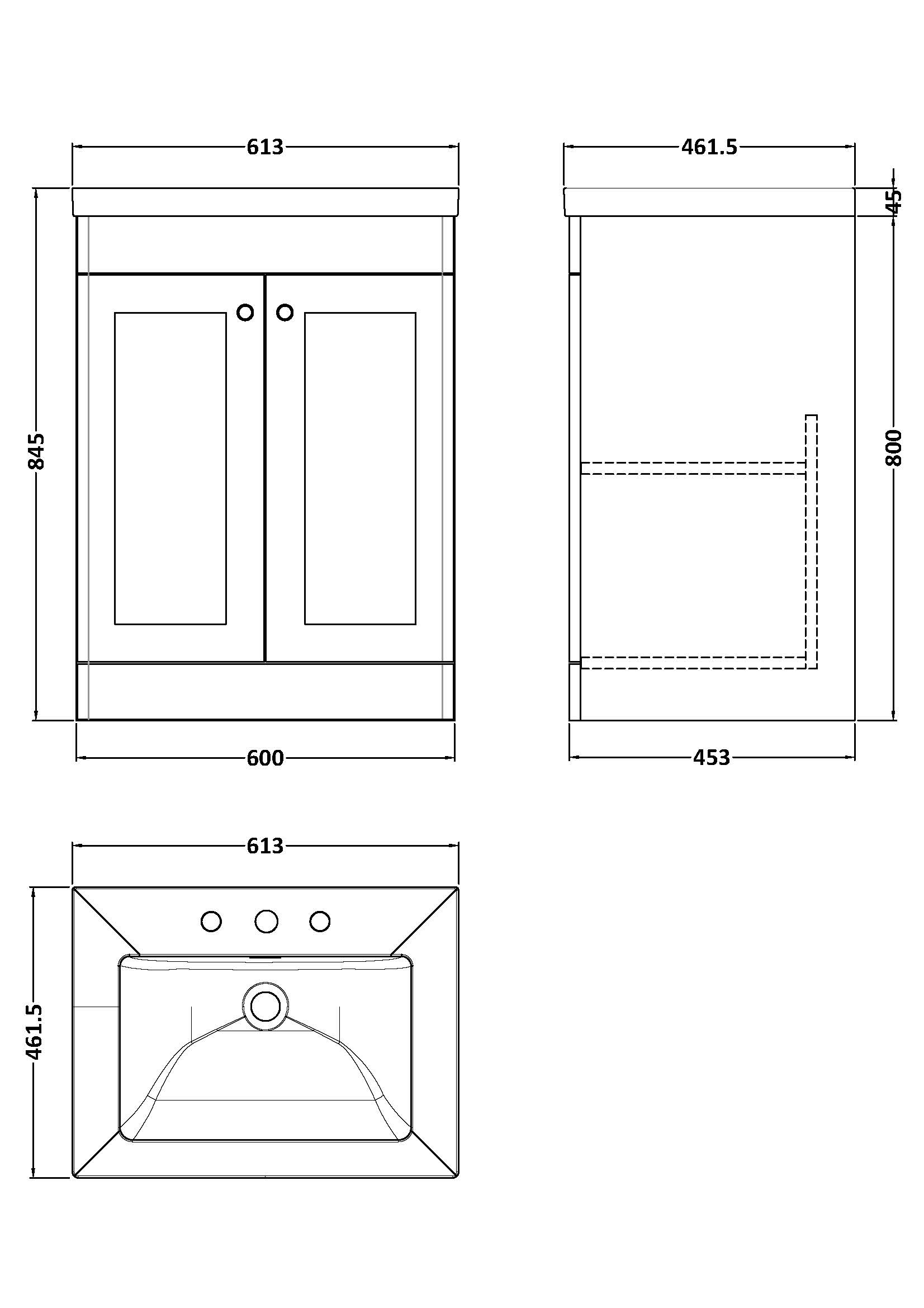 Nuie 600mm Floor Standing 2-Door Vanity with Basin - 3 Tap Hole CLC825M - Image 2