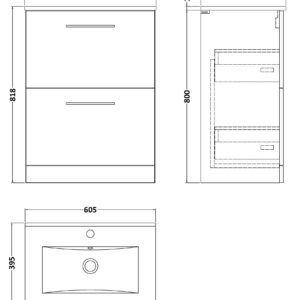 Nuie 600mm Floor Standing 2 Drawer Vanity & Basin 2 ARN133B