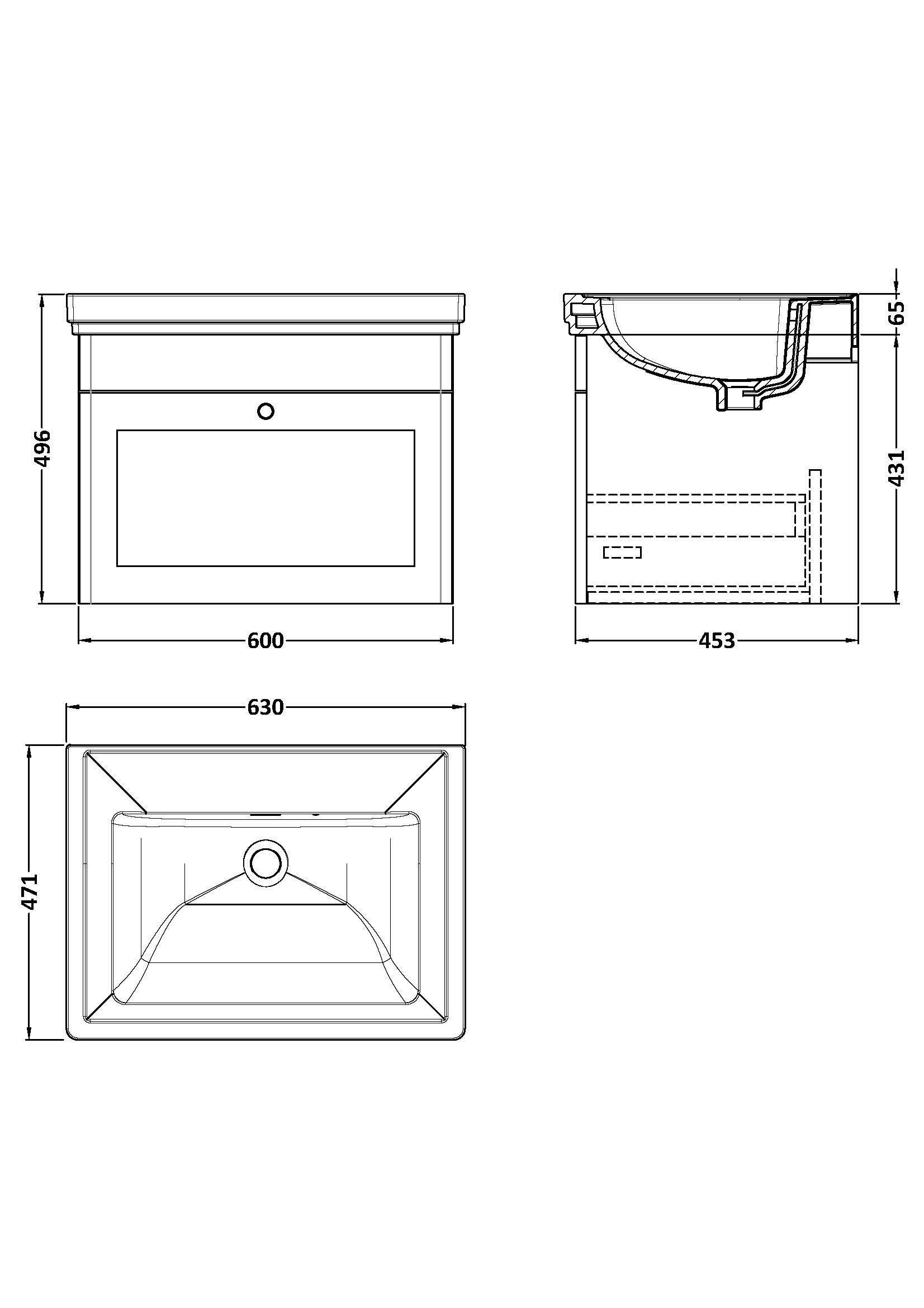 Nuie 600mm Wall Hung 1 Drawer Vanity & Basin 0TH CLC894H - Image 3