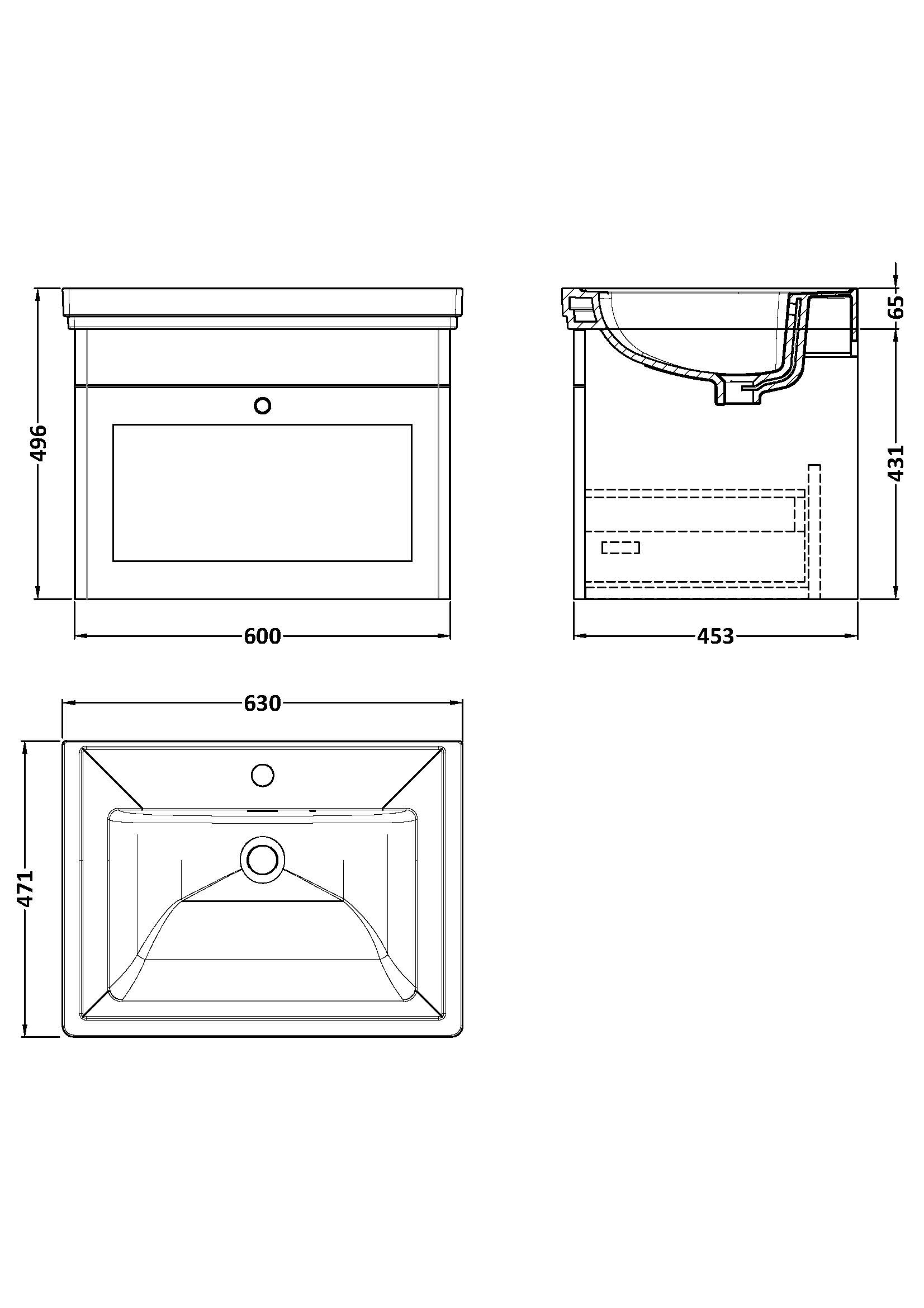 Nuie 600mm Wall Hung 1-Drawer Vanity & Basin 1TH CLC294A - Image 3