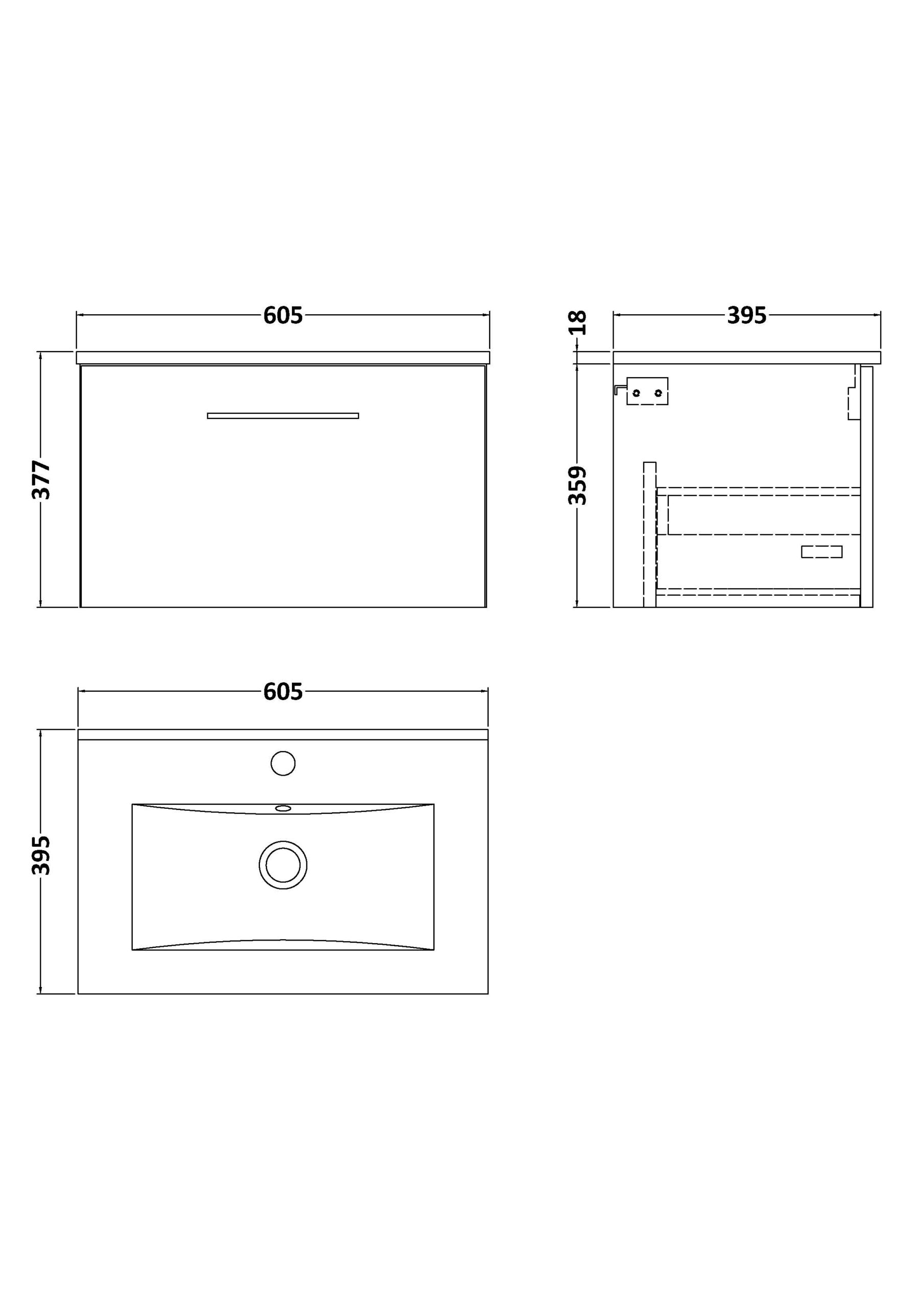 Nuie 600mm Wall Hung 1 Drawer Vanity & Basin 2 ARN622B - Image 2