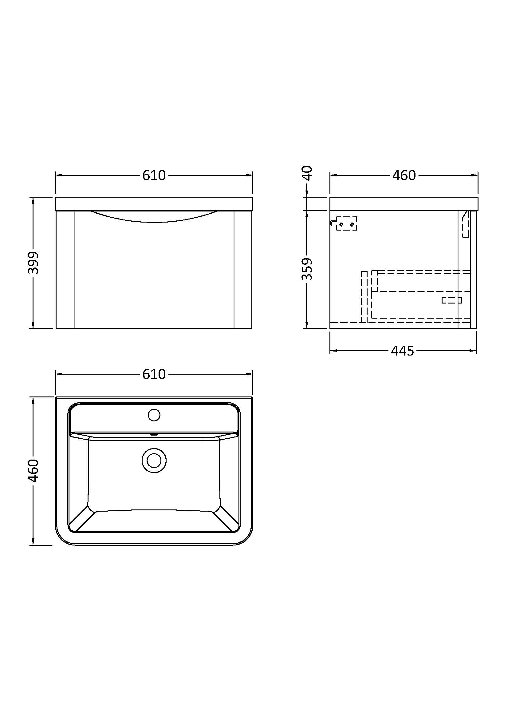 Nuie 600mm Wall Hung 1 Drawer Vanity & Ceramic Basin LUN805A - Image 3
