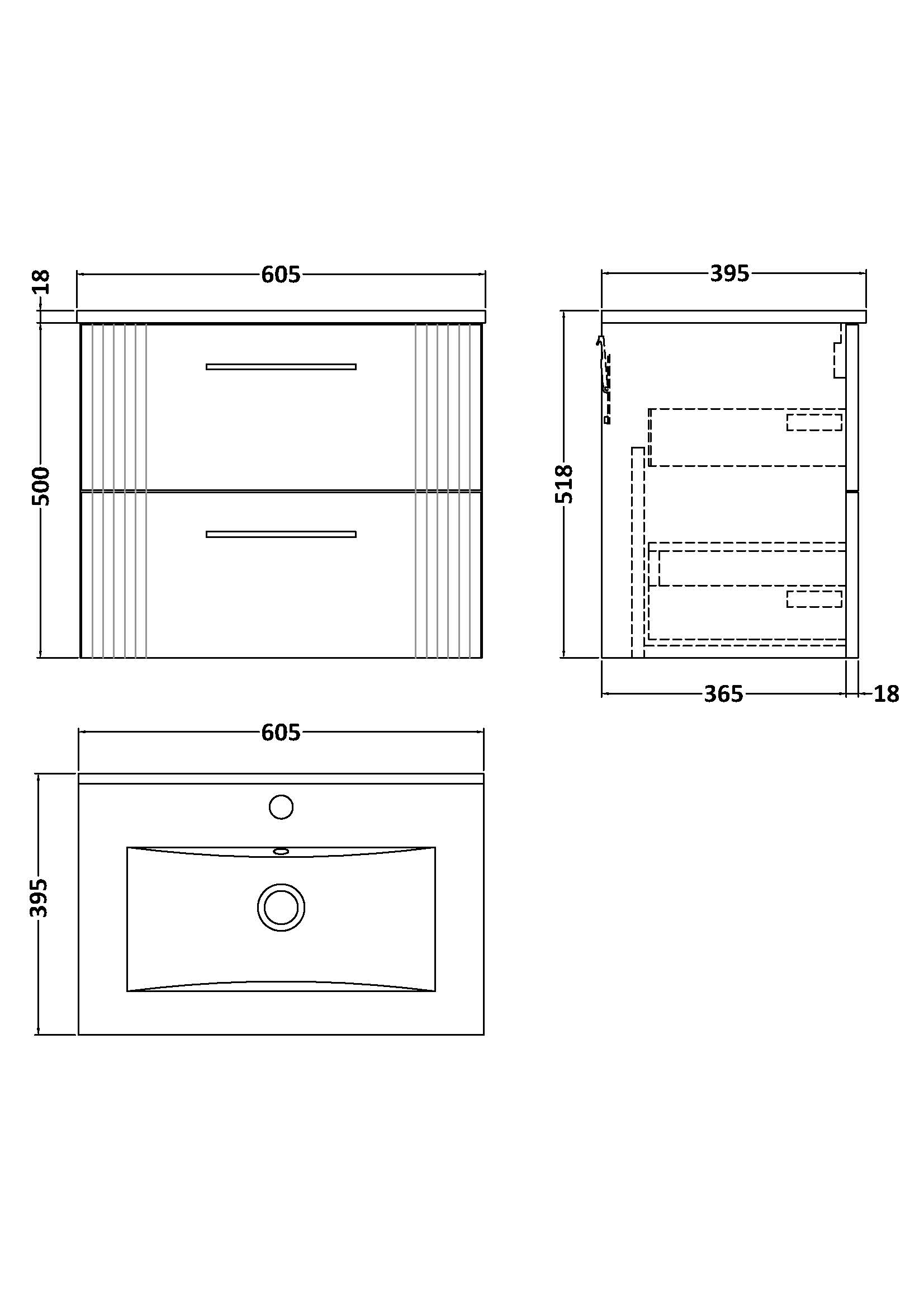 Nuie 600mm Wall Hung 2 Drawer Vanity & Basin 2 DPF193B - Image 4