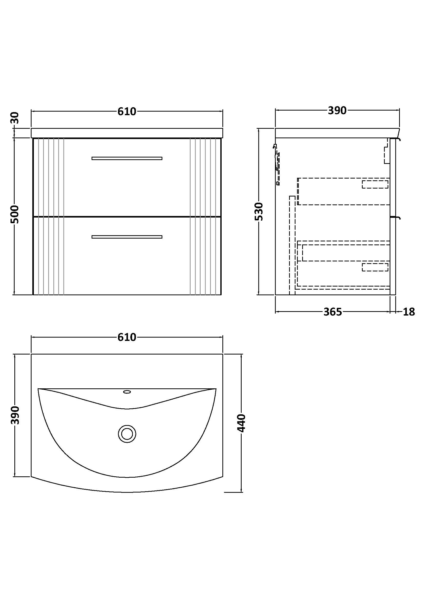 Nuie 600mm Wall Hung 2 Drawer Vanity & Basin 4 DPF193G - Image 3
